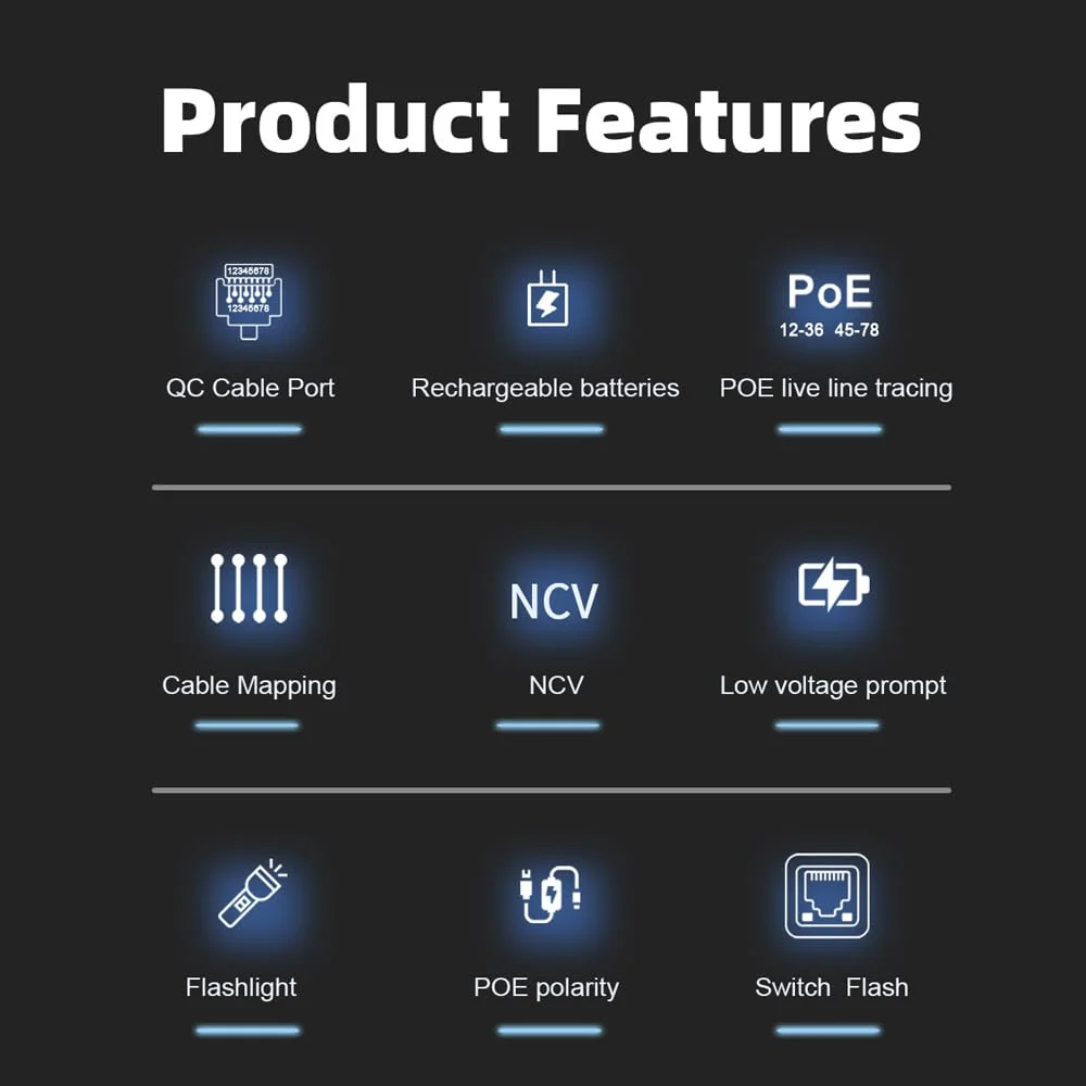 تستر کابل شبکه دستی Domary ET606، بررسی جفت شدن کابل، فلش سوئیچ، پلاریته POE، تحمل ولتاژ 60 ولت با نشانگر کم بودن باتری و خاموش شدن خودکار