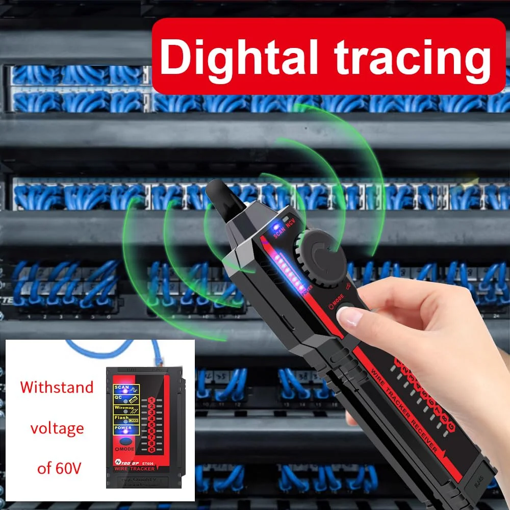 تستر کابل شبکه دستی Domary ET606، بررسی جفت شدن کابل، فلش سوئیچ، پلاریته POE، تحمل ولتاژ 60 ولت با نشانگر کم بودن باتری و خاموش شدن خودکار