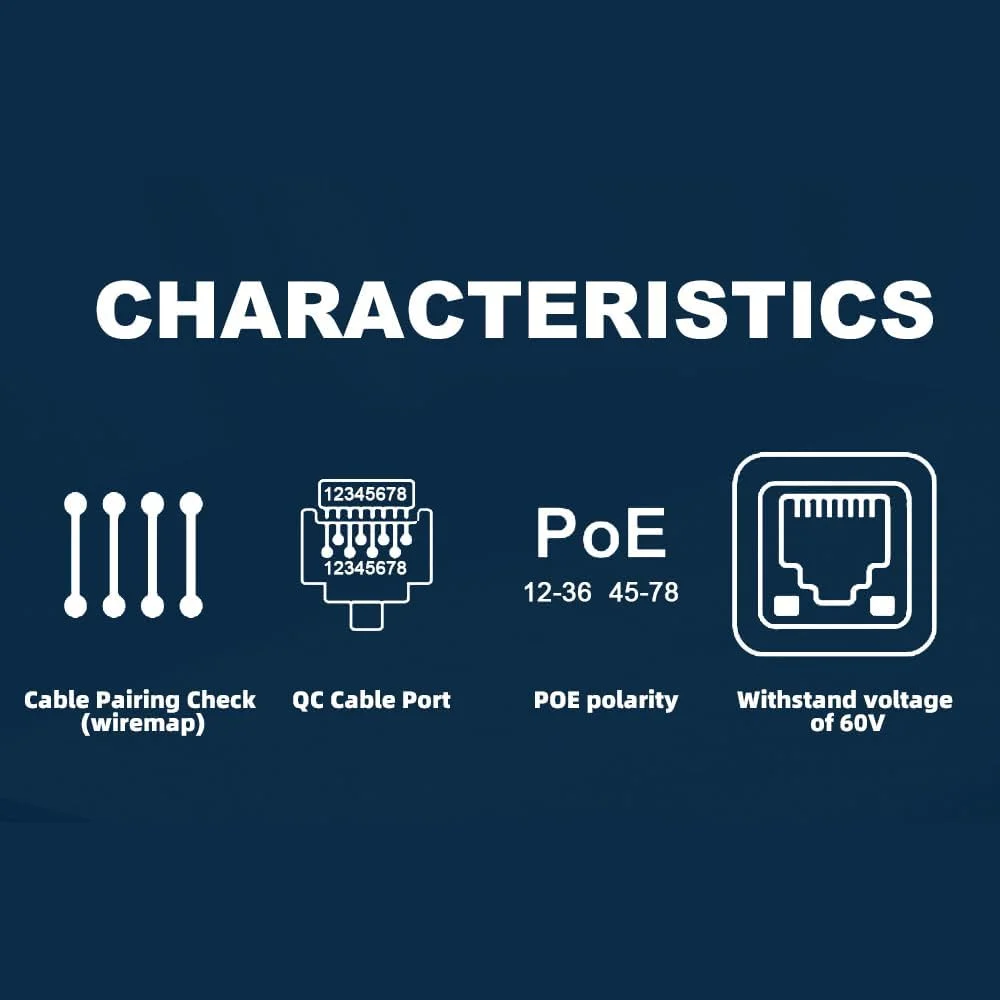 تستر پورت کابل Domary ET605، بررسی جفت شدن کابل، فلاش سوئیچ، تشخیص پلاریته POE، مقاومت ولتاژ تا 60 ولت با نشانگر کم بودن باتری و عملکردهای خاموش شدن خودکار تستر پورت کابل Domary ET605، بررسی جفت شدن کابل، فلاش سوئیچ، تشخیص پلاریته POE، مقاومت ولتاژ تا 60 ولت با نشانگر کم بودن باتری و عملکردهای خاموش شدن خودکار