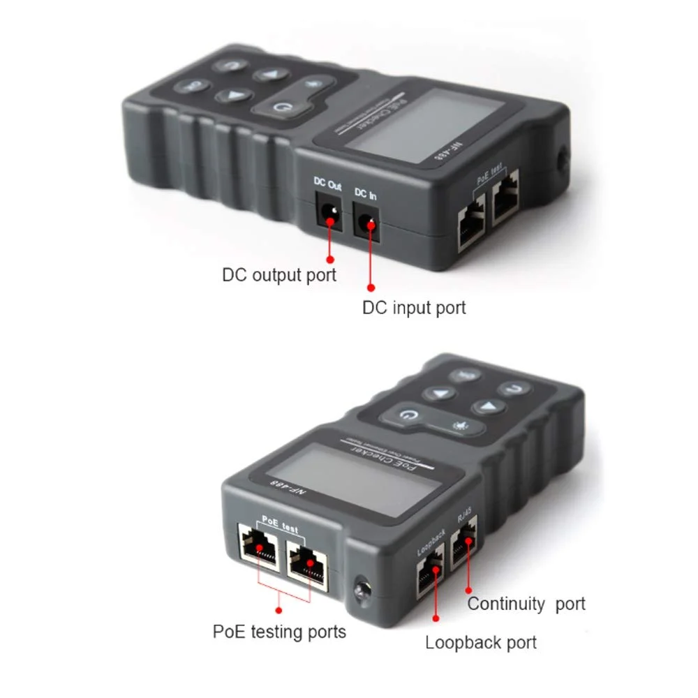 تستر کابل شبکه DESONIX مدل NF-488، تستر PoE، بررسی کننده کابل شبکه روی اترنت Cat5 Cat6 Lan، ابزار شبکه، تست سوئیچ PoE، تستر کابل