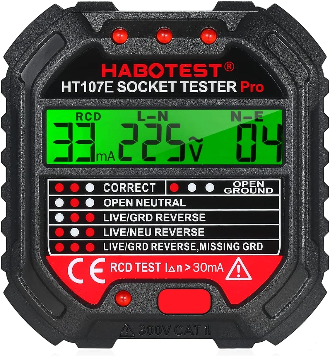 تستر پریز GFCI ایکام با نمایشگر ولتاژ، تستر سوکت 220 ولت، آشکارساز خودکار قطبیت مدار الکتریکی، یابنده قطع کننده HT107E