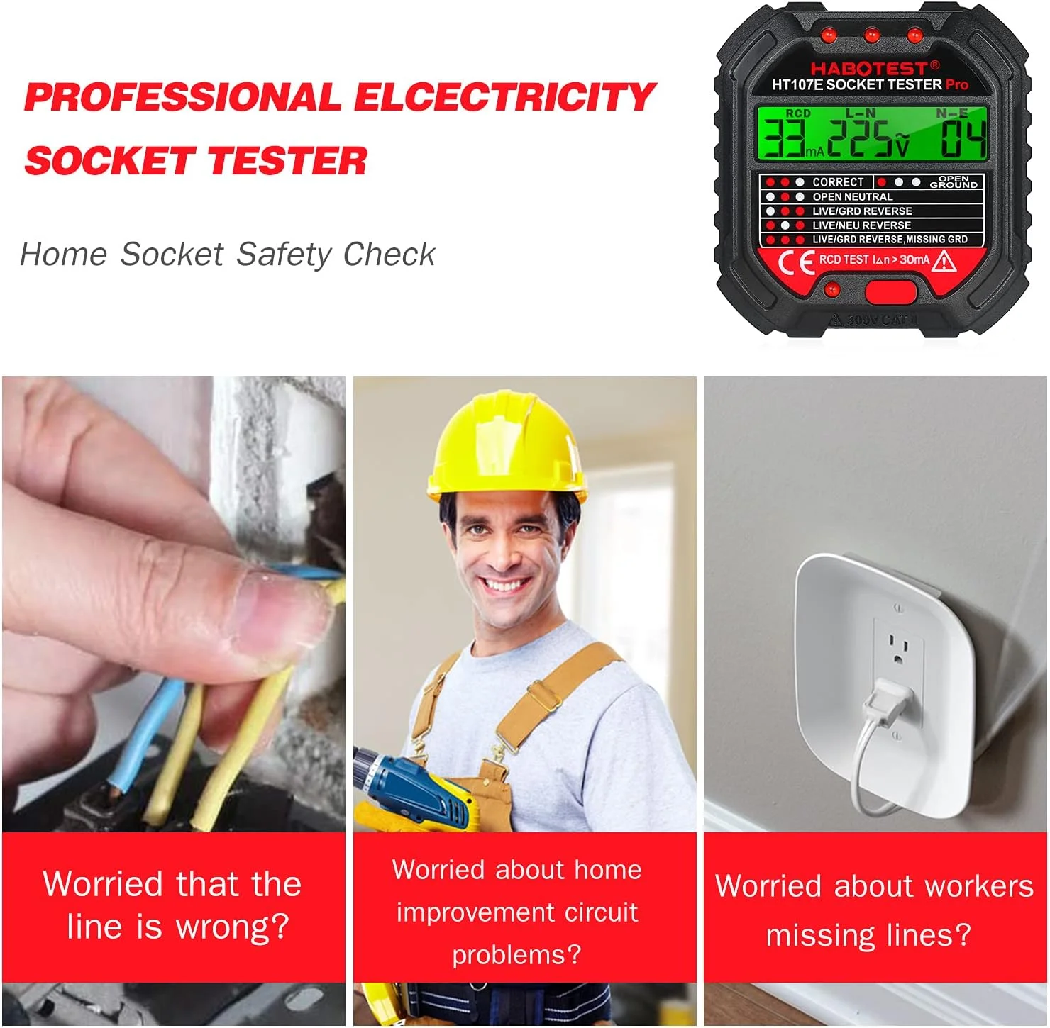 تستر پریز GFCI ایکام با نمایشگر ولتاژ، تستر سوکت 220 ولت، آشکارساز خودکار قطبیت مدار الکتریکی، یابنده قطع کننده HT107E تستر پریز GFCI ایکام با نمایشگر ولتاژ، تستر سوکت 220 ولت، آشکارساز خودکار قطبیت مدار الکتریکی، یابنده قطع کننده HT107E