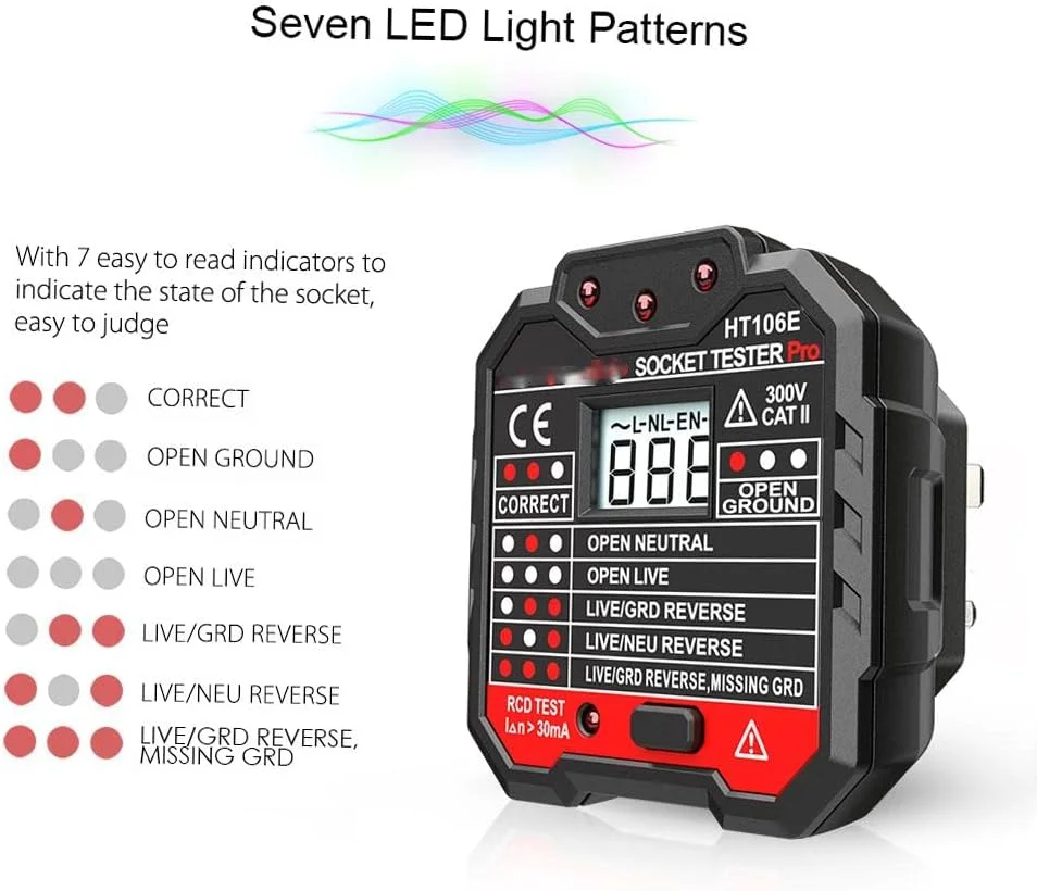 تستر پیشرفته پریز برق Eacam، تشخیص خودکار سیم های نول، فاز و ارت، یابنده مدار، تست نشتی برق با نمایشگر LCD ولتاژ دارای نور پس زمینه تستر پیشرفته پریز برق Eacam، تشخیص خودکار سیم های نول، فاز و ارت، یابنده مدار، تست نشتی برق با نمایشگر LCD ولتاژ دارای نور پس زمینه