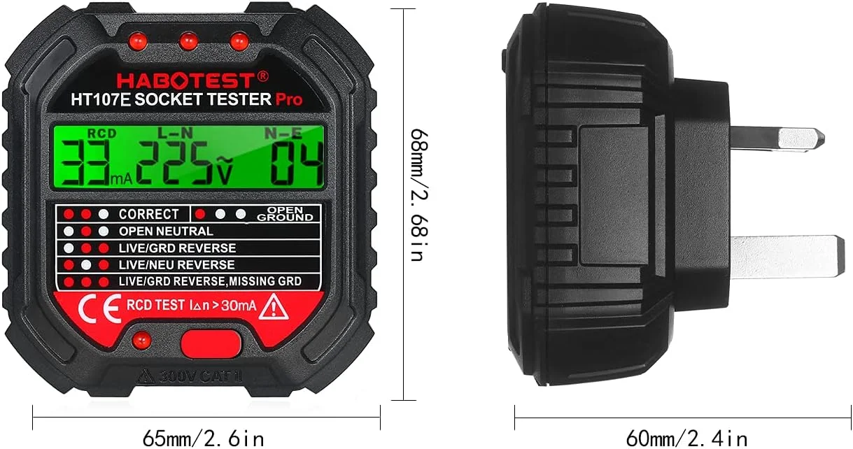 تستر پریز GFCI ایکام با نمایشگر ولتاژ، تستر سوکت 220 ولت، آشکارساز خودکار قطبیت مدار الکتریکی، یابنده قطع کننده HT107E تستر پریز GFCI ایکام با نمایشگر ولتاژ، تستر سوکت 220 ولت، آشکارساز خودکار قطبیت مدار الکتریکی، یابنده قطع کننده HT107E