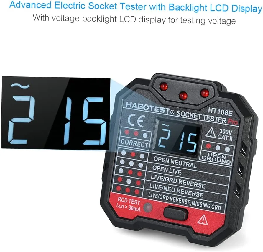 تستر پیشرفته پریز برق Eacam، تشخیص خودکار سیم های نول، فاز و ارت، یابنده مدار، تست نشتی برق با نمایشگر LCD ولتاژ دارای نور پس زمینه تستر پیشرفته پریز برق Eacam، تشخیص خودکار سیم های نول، فاز و ارت، یابنده مدار، تست نشتی برق با نمایشگر LCD ولتاژ دارای نور پس زمینه