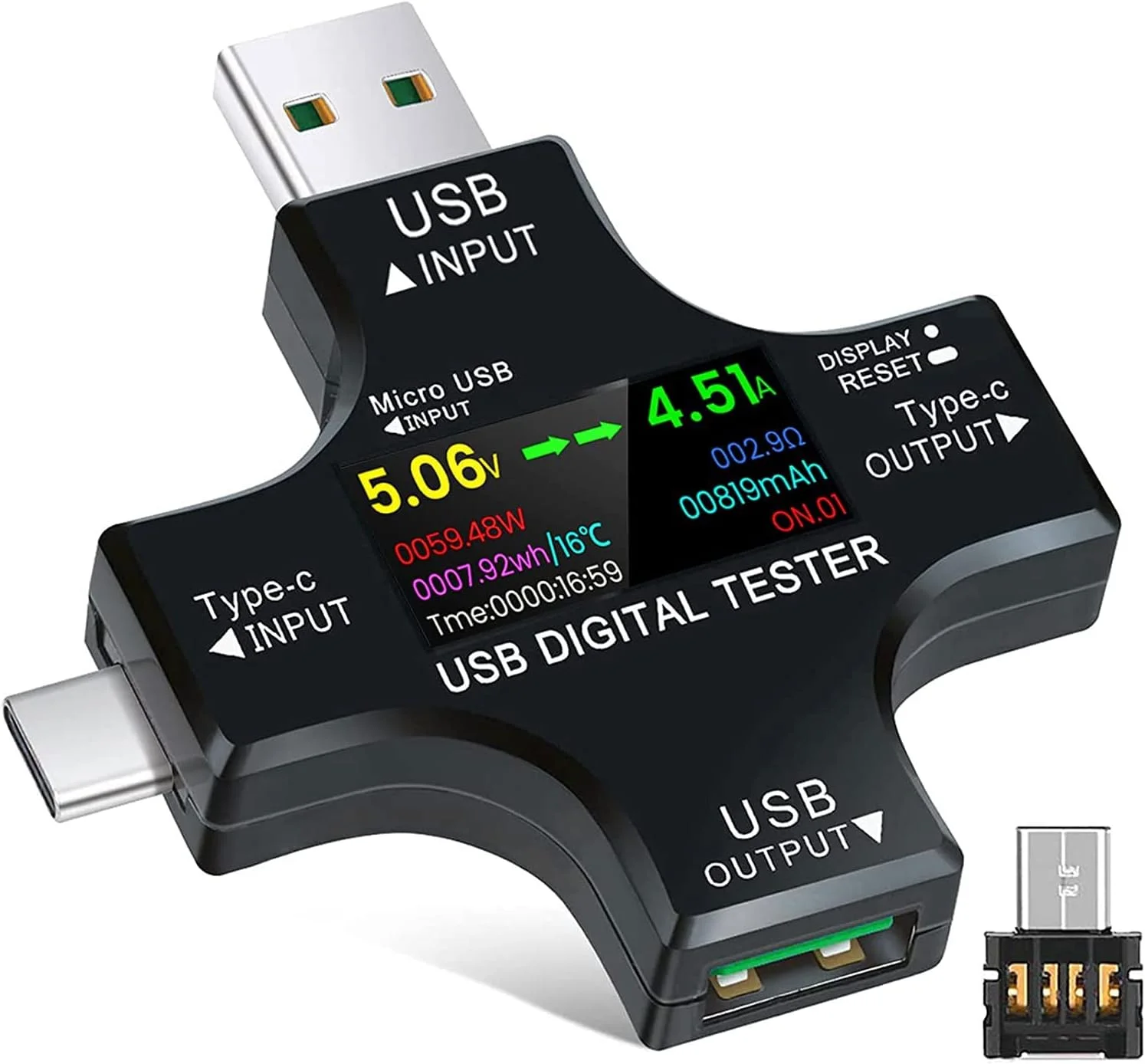 تستر USB C اکسفور 2 در 1، تستر USB C تایپ-سی، صفحه نمایش رنگی IPS، مولتی متر دیجیتال، آمپراژ، توان، ولتاژ، مقاومت، دما، آشکارساز ظرفیت و بررسی کننده شارژ USB آمپراژ