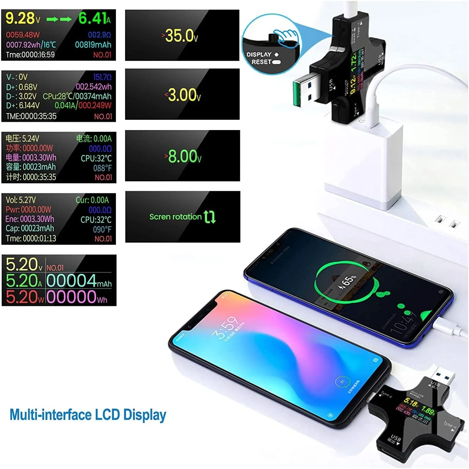 تستر USB C اکسفور 2 در 1، تستر USB C تایپ-سی، صفحه نمایش رنگی IPS، مولتی متر دیجیتال، آمپراژ، توان، ولتاژ، مقاومت، دما، آشکارساز ظرفیت و بررسی کننده شارژ USB آمپراژ تستر USB C اکسفور 2 در 1، تستر USB C تایپ-سی، صفحه نمایش رنگی IPS، مولتی متر دیجیتال، آمپراژ، توان، ولتاژ، مقاومت، دما، آشکارساز ظرفیت و بررسی کننده شارژ USB آمپراژ