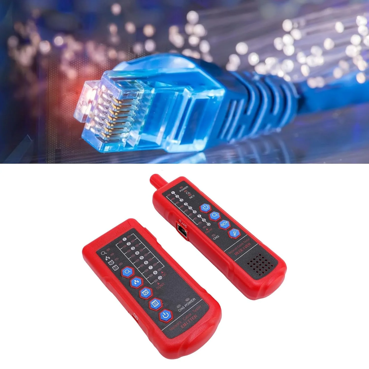 کیت تست کابل Jiawu برای تست کارآمد خطوط CAT5 و CAT6 برای مهندسان، با عملکرد NCV برای محیط های تاریک، تستر پورت RJ45-RJ11 کیت تست کابل Jiawu برای تست کارآمد خطوط CAT5 و CAT6 برای مهندسان، با عملکرد NCV برای محیط های تاریک، تستر پورت RJ45-RJ11