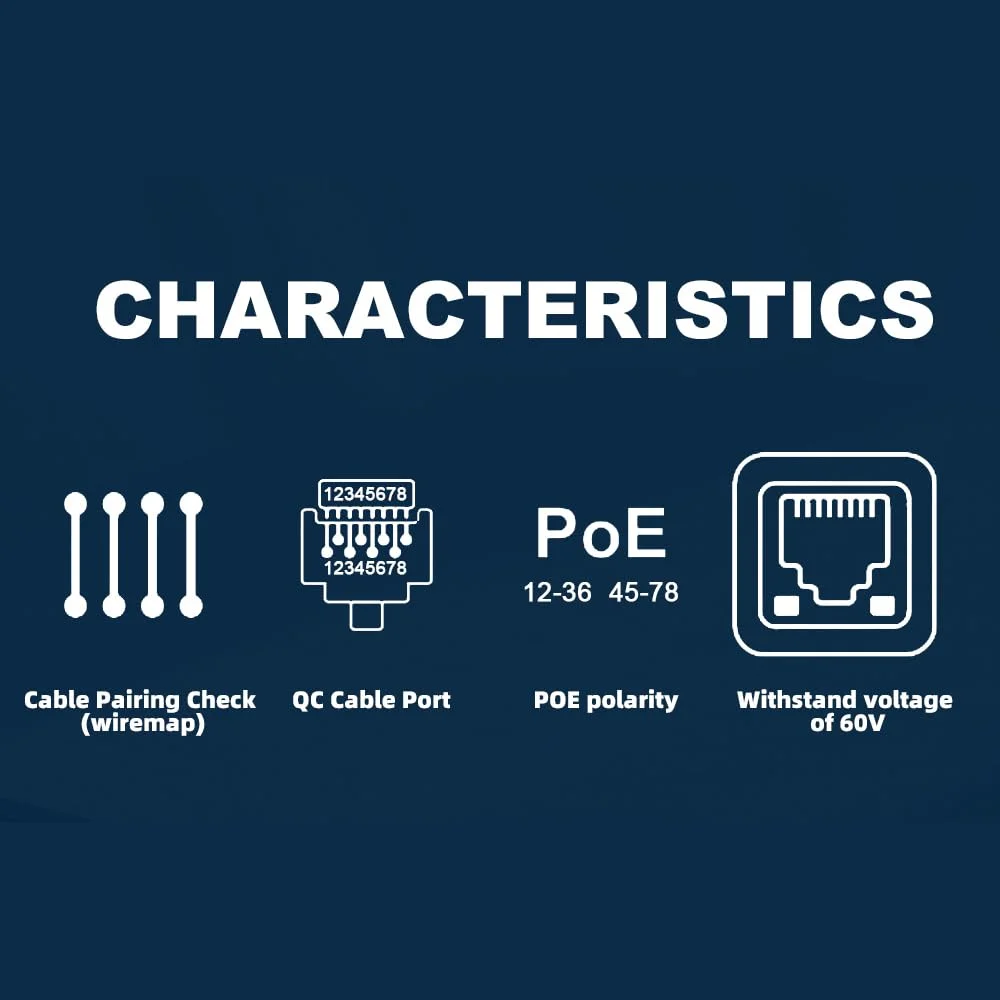 تستر کابل پورت Labymos ET605، بررسی جفت شدن کابل، فلش سوئیچ، تشخیص پلاریته POE، تحمل ولتاژ 60 ولت با نشانگر کم بودن باتری و عملکردهای خاموش شدن خودکار تستر کابل پورت Labymos ET605، بررسی جفت شدن کابل، فلش سوئیچ، تشخیص پلاریته POE، تحمل ولتاژ 60 ولت با نشانگر کم بودن باتری و عملکردهای خاموش شدن خودکار