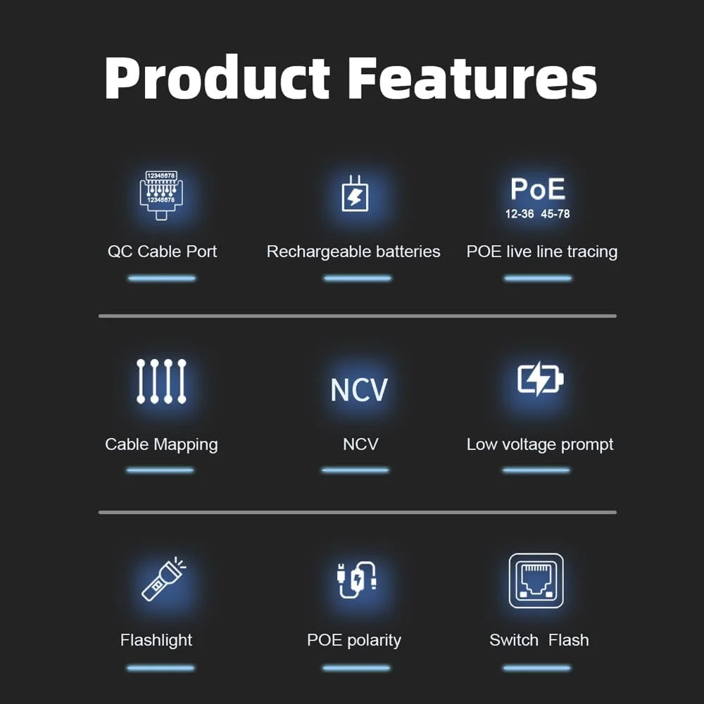 تستر کابل شبکه دستی Pepisky ET606، بررسی اتصال کابل، تست سوئیچ، تست پلاریته POE، تحمل ولتاژ 60 ولت با نشانگر کم بودن باتری و خاموش شدن خودکار تستر کابل شبکه دستی Pepisky ET606، بررسی اتصال کابل، تست سوئیچ، تست پلاریته POE، تحمل ولتاژ 60 ولت با نشانگر کم بودن باتری و خاموش شدن خودکار