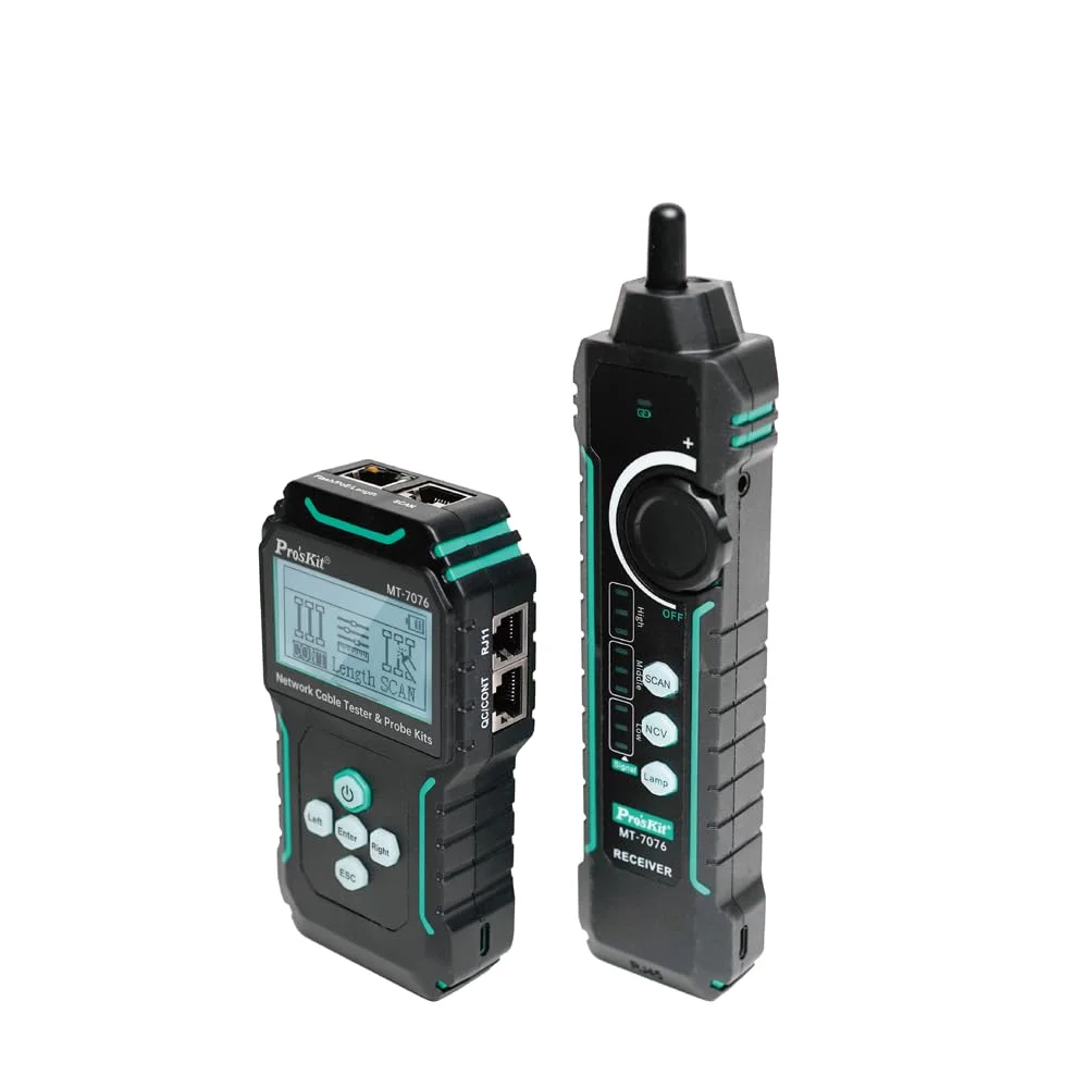 کیت تستر و پروب کابل شبکه LCD پروسکیت مدل MT-7076، حالت دوگانه آنالوگ/دیجیتال، باتری لیتیوم یونی با Type-C، سوئیچ های PoE و قابلیت Port Flashing