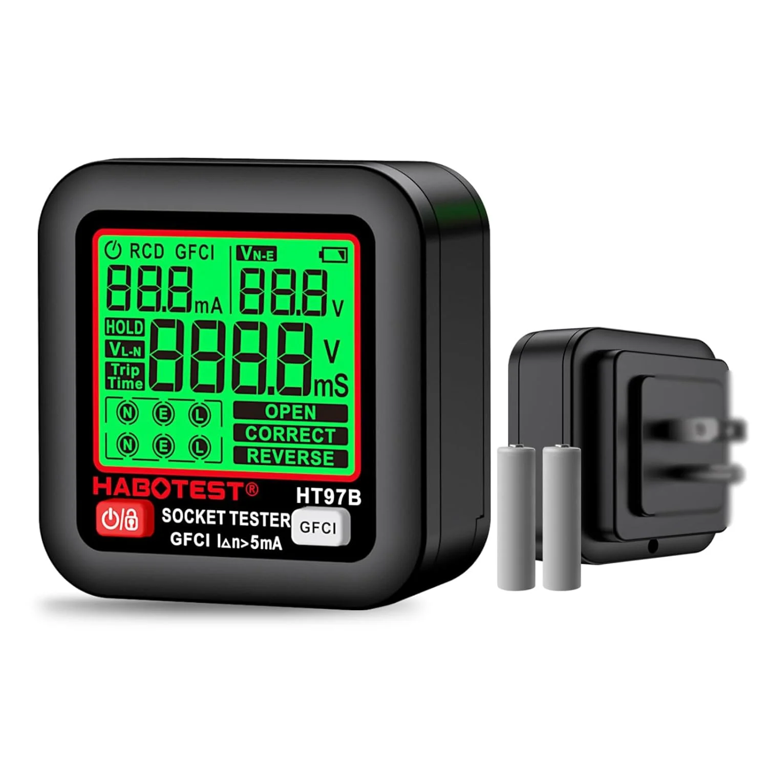 تستر پریز GFCI با نمایشگر LCD، ردیاب پریز، تستر ولتاژ الکتریکی برای ولتاژ استاندارد 3 سیمه 260 ولت AC، بررسی کننده سوکت با 6 نشانگر بصری/راهنمای سیم کشی برای خانه (HT97E)