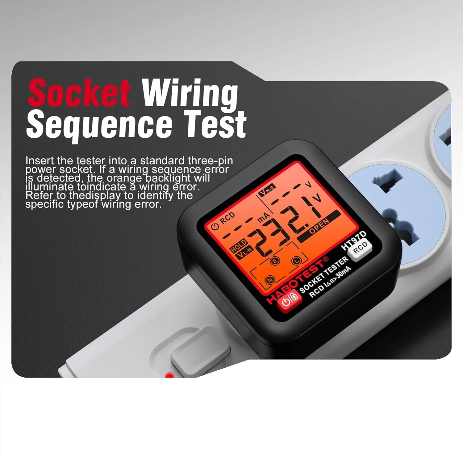 تستر پریز GFCI با نمایشگر LCD، ردیاب پریز، تستر ولتاژ الکتریکی برای ولتاژ استاندارد 3 سیمه 260 ولت AC، بررسی کننده سوکت با 6 نشانگر بصری/راهنمای سیم کشی برای خانه (HT97E) تستر پریز GFCI با نمایشگر LCD، ردیاب پریز، تستر ولتاژ الکتریکی برای ولتاژ استاندارد 3 سیمه 260 ولت AC، بررسی کننده سوکت با 6 نشانگر بصری/راهنمای سیم کشی برای خانه (HT97E)