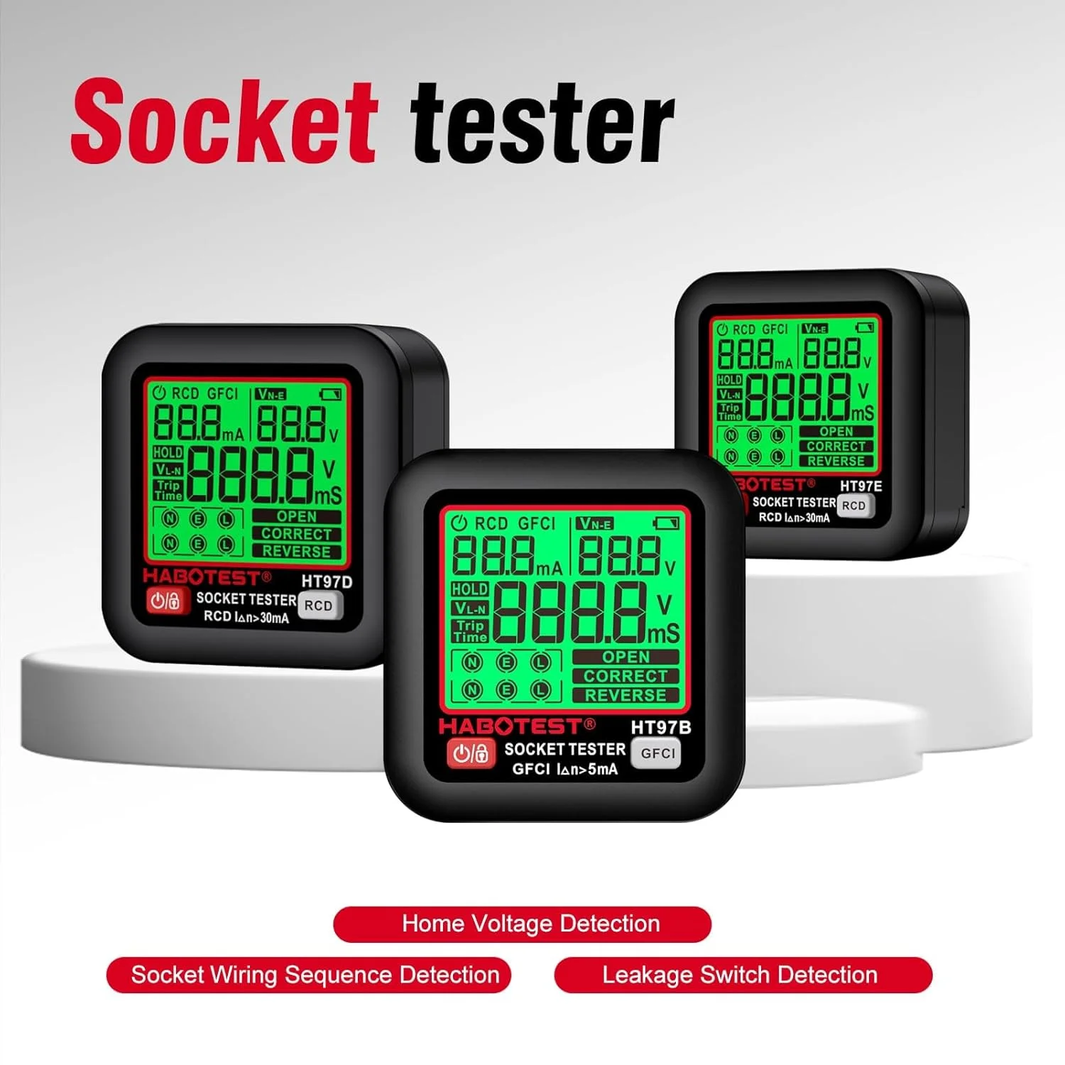 تستر پریز GFCI با نمایشگر LCD، آشکارساز پریز، تستر ولتاژ الکتریکی برای ولتاژ استاندارد 3 سیمه 260 ولت AC، بررسی کننده سوکت با 6 نشانگر بصری/راهنمای سیم کشی برای خانه (HT97E) تستر پریز GFCI با نمایشگر LCD، آشکارساز پریز، تستر ولتاژ الکتریکی برای ولتاژ استاندارد 3 سیمه 260 ولت AC، بررسی کننده سوکت با 6 نشانگر بصری/راهنمای سیم کشی برای خانه (HT97E)