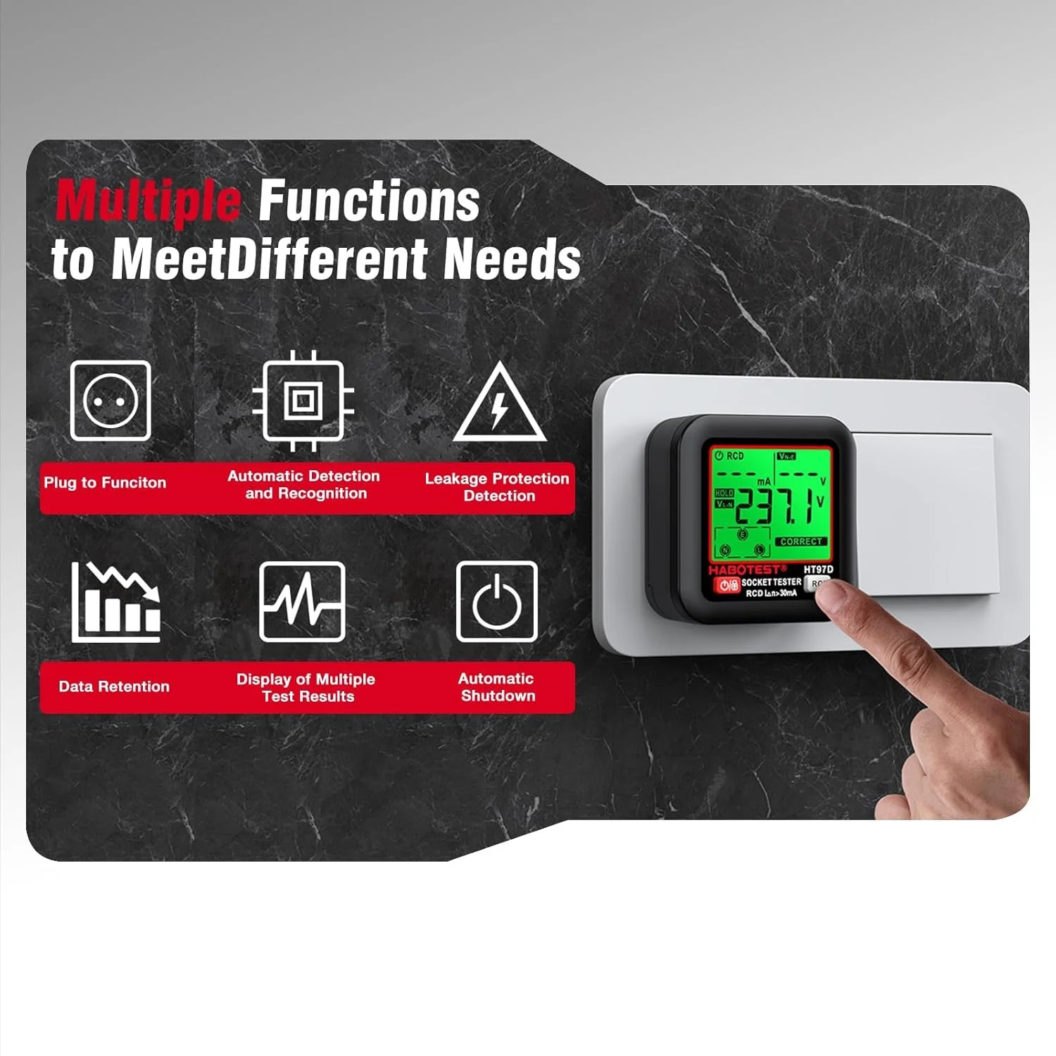 تستر پریز GFCI با نمایشگر LCD، آشکارساز پریز، تستر ولتاژ الکتریکی برای ولتاژ استاندارد 3 سیمه 260 ولت AC، بررسی کننده سوکت با 6 نشانگر بصری/راهنمای سیم کشی برای خانه (HT97E) تستر پریز GFCI با نمایشگر LCD، آشکارساز پریز، تستر ولتاژ الکتریکی برای ولتاژ استاندارد 3 سیمه 260 ولت AC، بررسی کننده سوکت با 6 نشانگر بصری/راهنمای سیم کشی برای خانه (HT97E)