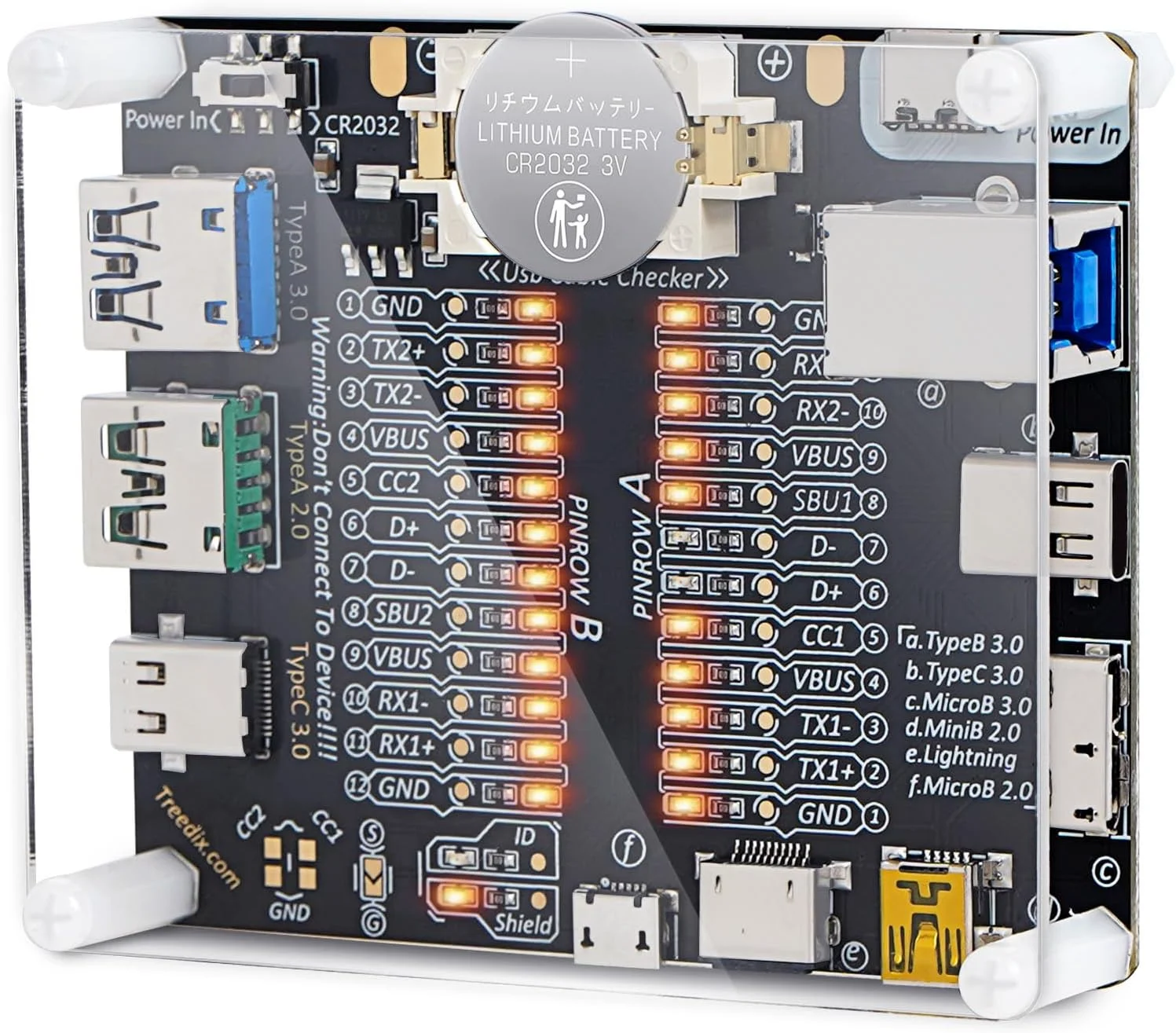 برد تست کابل USB Treedix، سیم داده تستر کابل USB با جعبه اکریلیک، تست شارژ خط داده نوع C میکرو نوع A نوع B