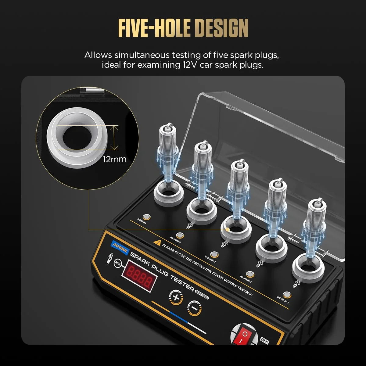 تستر شمع خودرو Autool SPT360 110V، آنالیزور سیستم شمع جرقهزنی با 5 سوراخ تست قابل تنظیم برای موتور سیکلت و خودرو (200-9000 دور در دقیقه) تستر شمع خودرو Autool SPT360 110V، آنالیزور سیستم شمع جرقهزنی با 5 سوراخ تست قابل تنظیم برای موتور سیکلت و خودرو (200-9000 دور در دقیقه)