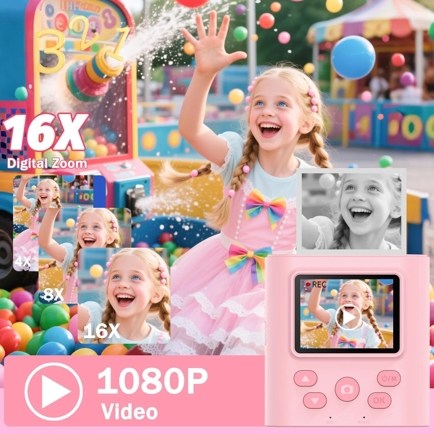 دوربین چاپ فوری ZONEY برای کودکان، هدیه تولد برای دختران و پسران، دوربین دیجیتال 1080P با دو دوربین اسباب بازی برای دختران 4 5 6 7 8 9 10 ساله به همراه کارت حافظه 32 گیگابایتی (صورتی)
