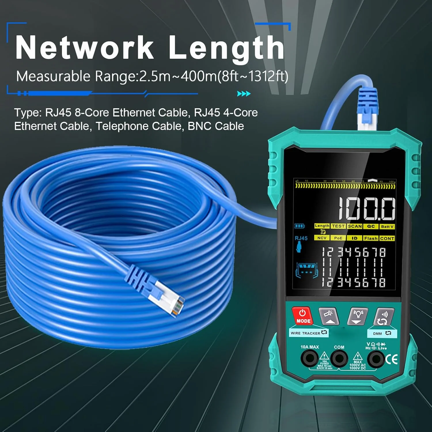 تستر کابل LAN با مولتی متر، ابزار تست سیم اترنت PoE NCV برای CAT5 CAT6A، اندازه گیری طول 400 متری، ردیابی پورت Loopback با نور LED، سیگنال آنالوگ فیلتر AC تستر کابل LAN با مولتی متر، ابزار تست سیم اترنت PoE NCV برای CAT5 CAT6A، اندازه گیری طول 400 متری، ردیابی پورت Loopback با نور LED، سیگنال آنالوگ فیلتر AC