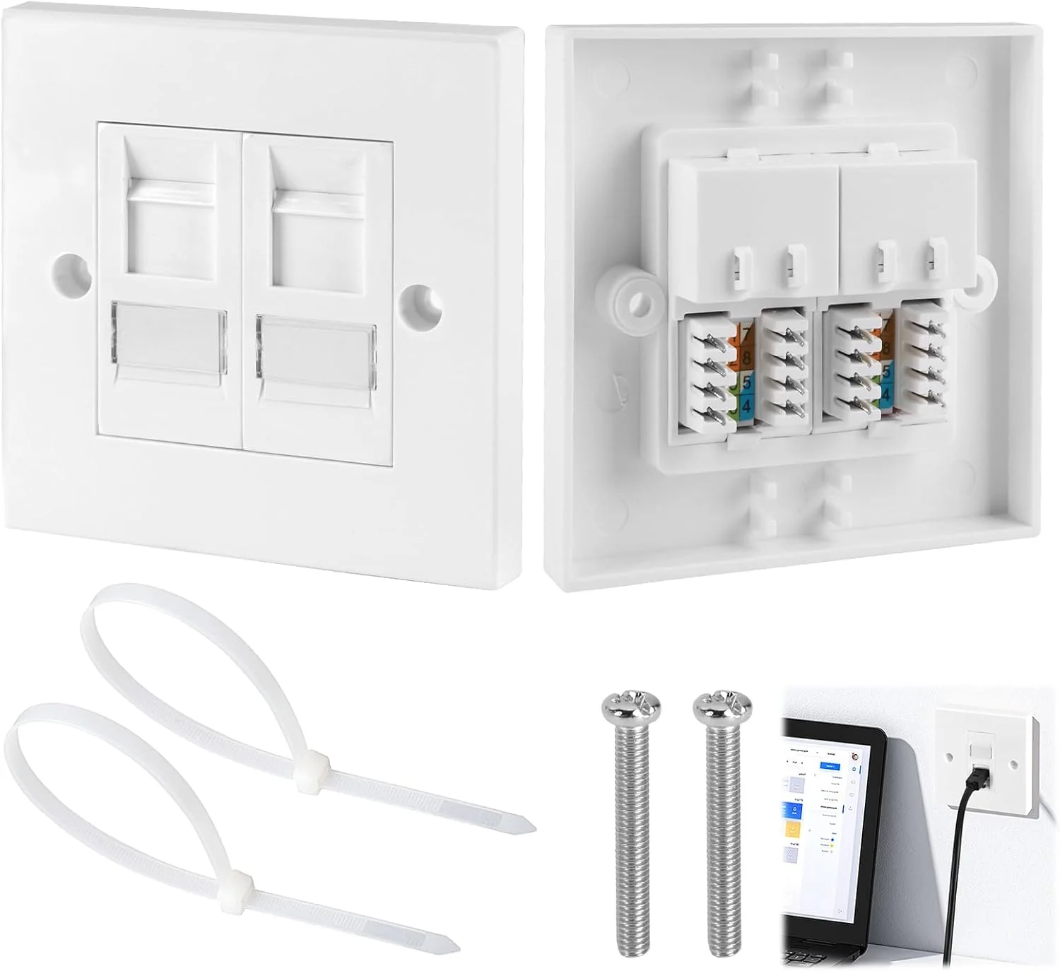 صفحه دیواری دو پورت اترنت Sakerr RJ45 شبکه Cat6، سفید، 8.5x8.5 سانتی متر، نصب با پیچ، پرداخت شده، 1 عدد