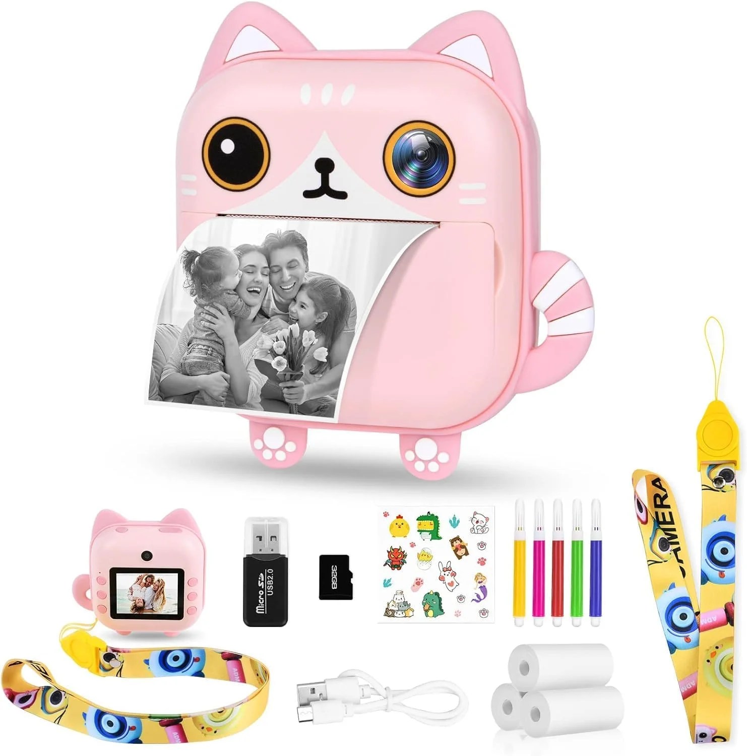 دوربین چاپ فوری کودکانه Rebel by Renascence Kids، دوربین مینی حرارتی چاپگر، کارت حافظه 32 گیگابایتی، صفحه نمایش 2.4 اینچی، فیلمبرداری 1080P HD، عکس 48 مگاپیکسلی، دوربین دوگانه، شامل 2 رول (گربه صورتی)
