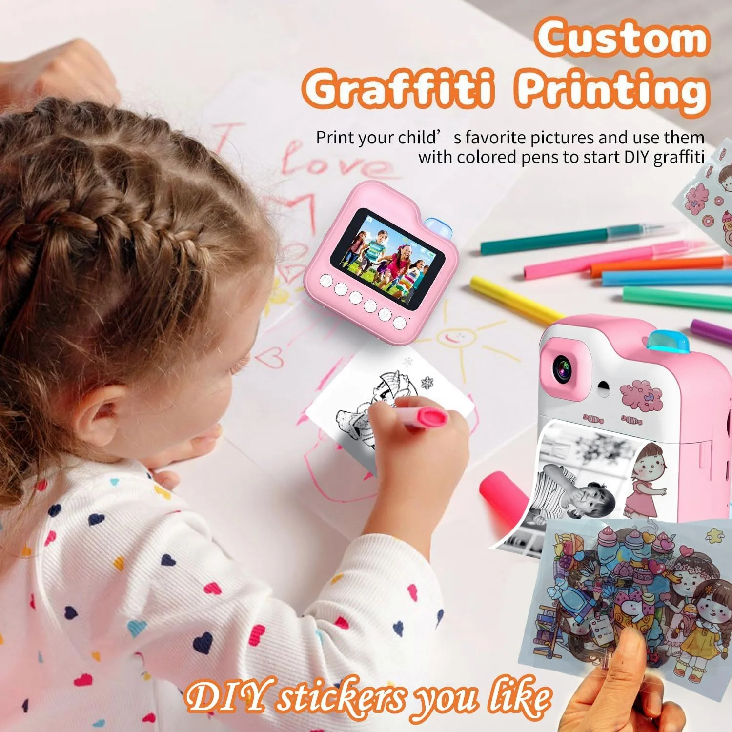 دوربین فوری چاپ کودکانه قابل شارژ - دوربین دیجیتال HD قابل حمل 1080P، دوربین دوگانه، عکس و فیلم، صفحه نمایش LCD 2.4 اینچی، کارت SD 32 گیگابایتی، بدنه ABS، چاپ حرارتی مینی بدون جوهر مناسب برای کودکان 3 سال به بالا، هدیه پسرانه و دخترانه (صورتی)