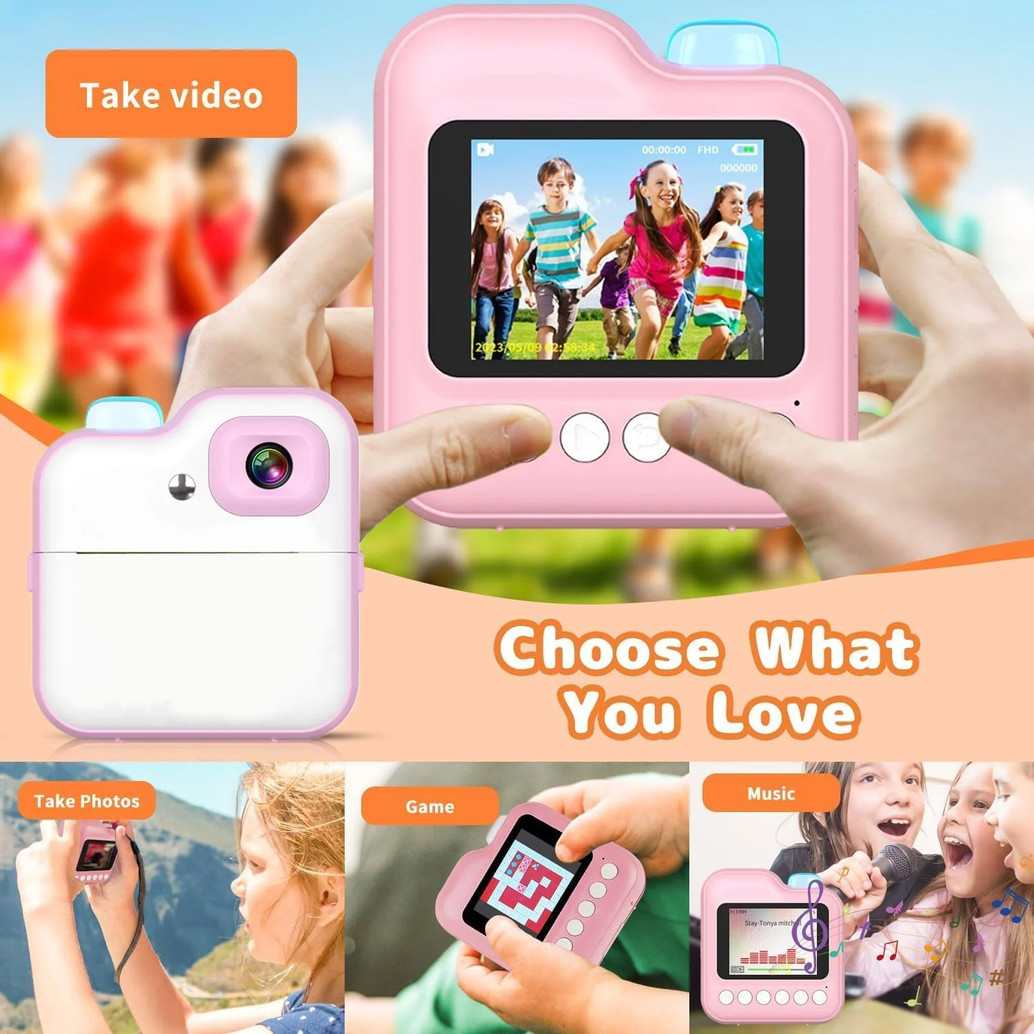 دوربین فوری چاپ کودکانه قابل شارژ - دوربین دیجیتال HD قابل حمل 1080P، دوربین دوگانه، عکس و فیلم، صفحه نمایش LCD 2.4 اینچی، کارت SD 32 گیگابایتی، بدنه ABS، چاپ حرارتی مینی بدون جوهر مناسب برای کودکان 3 سال به بالا، هدیه پسرانه و دخترانه (صورتی)