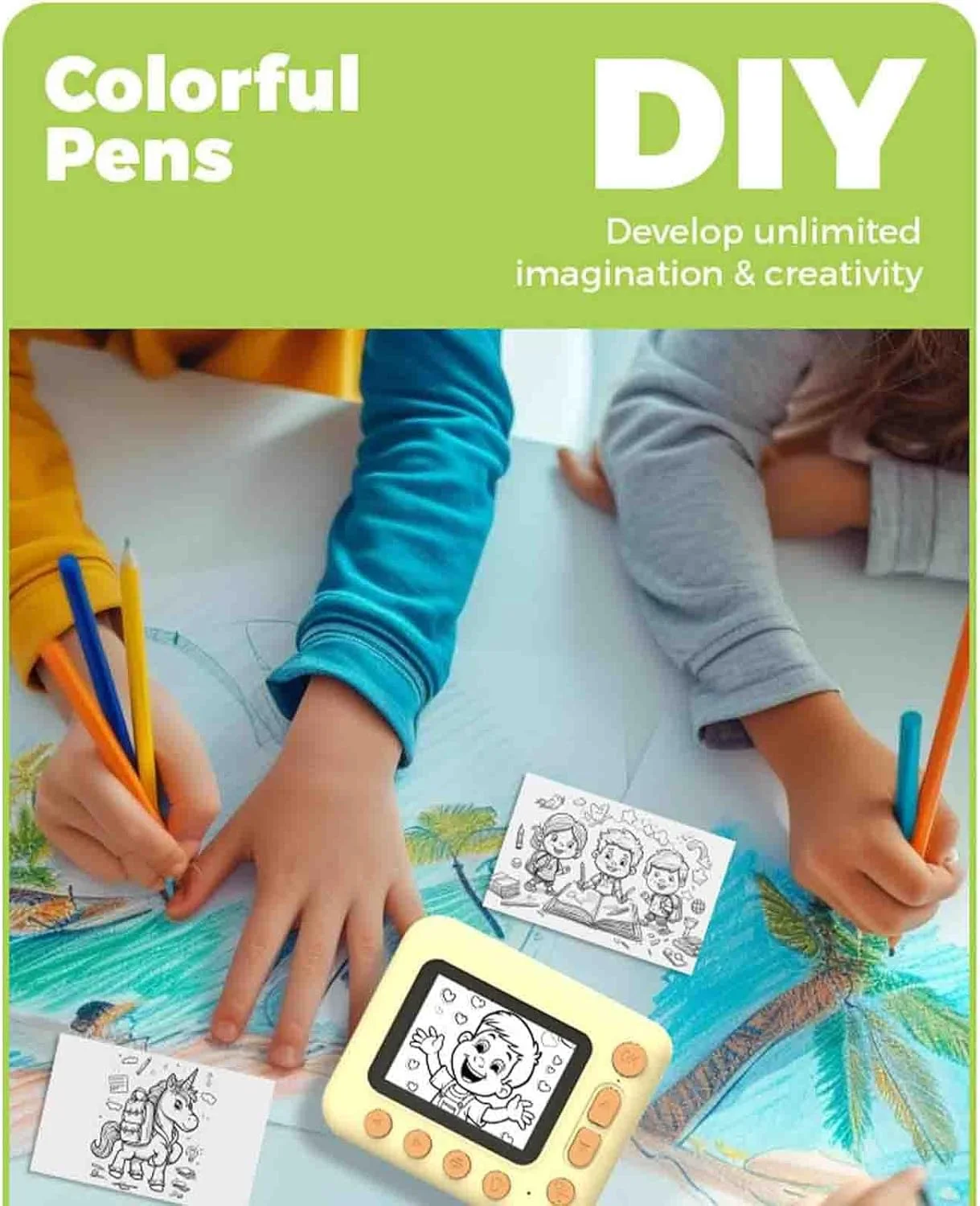 دوربین چاپ فوری هوزای Snapalette، دوربین چاپ فوری هوزای، دوربین چاپ فوری کودکانه، دوربین دیجیتال چاپ فوری عکس رنگی 1080p، فیلمبرداری HD 1080p، زوم 10 برابر (D، بدون کارت)