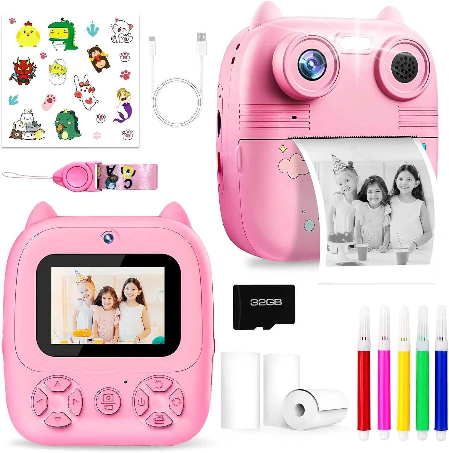 دوربین چاپ فوری کودکانه، دوربین دیجیتال HD 1080P کودکانه با کارت حافظه 32 گیگابایتی و کاغذ چاپ، اسباب بازی دوربین چاپ فوری کودکانه برای دختران 3 4 5 6 7 8 9 ساله