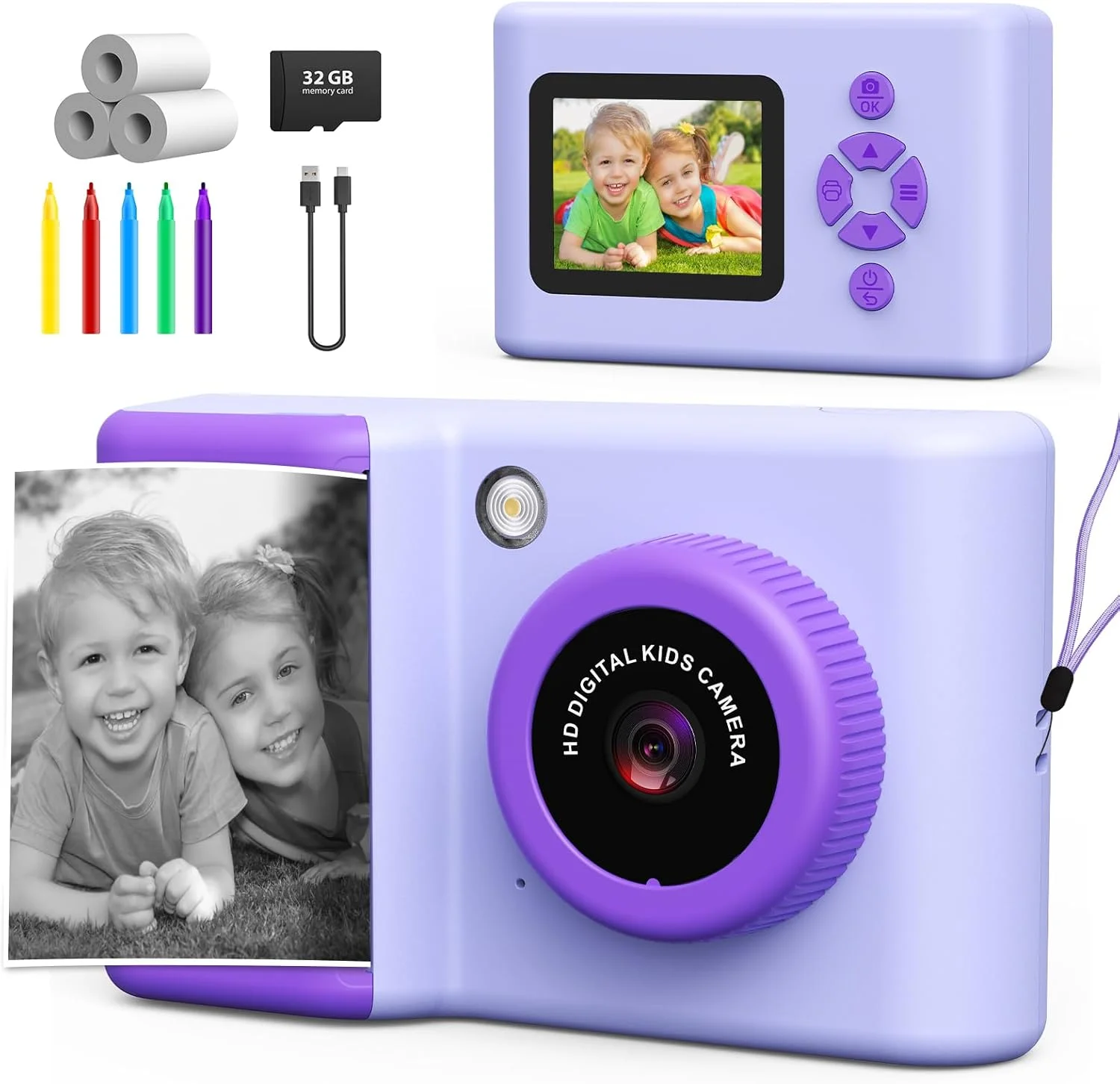 دوربین فوری برای کودکان، دوربین دیجیتال کودکانه با کاغذ چاپ و کارت حافظه 32 گیگابایتی، دوربین فیلمبرداری با قلم های رنگی، هدیه کریسمس، تولد، هدیه برای کودکان 3-14 سال، بنفش