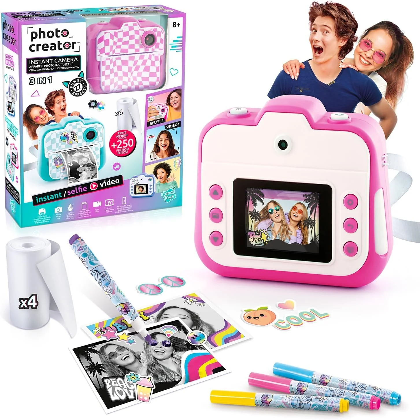 اسباب بازی های C - سازنده عکس - دوربین فوری - صورتی - با صفحه نمایش رنگی، رول های کاغذ، برچسب ها، قلم های نمدی و بند مچی - CLK 055