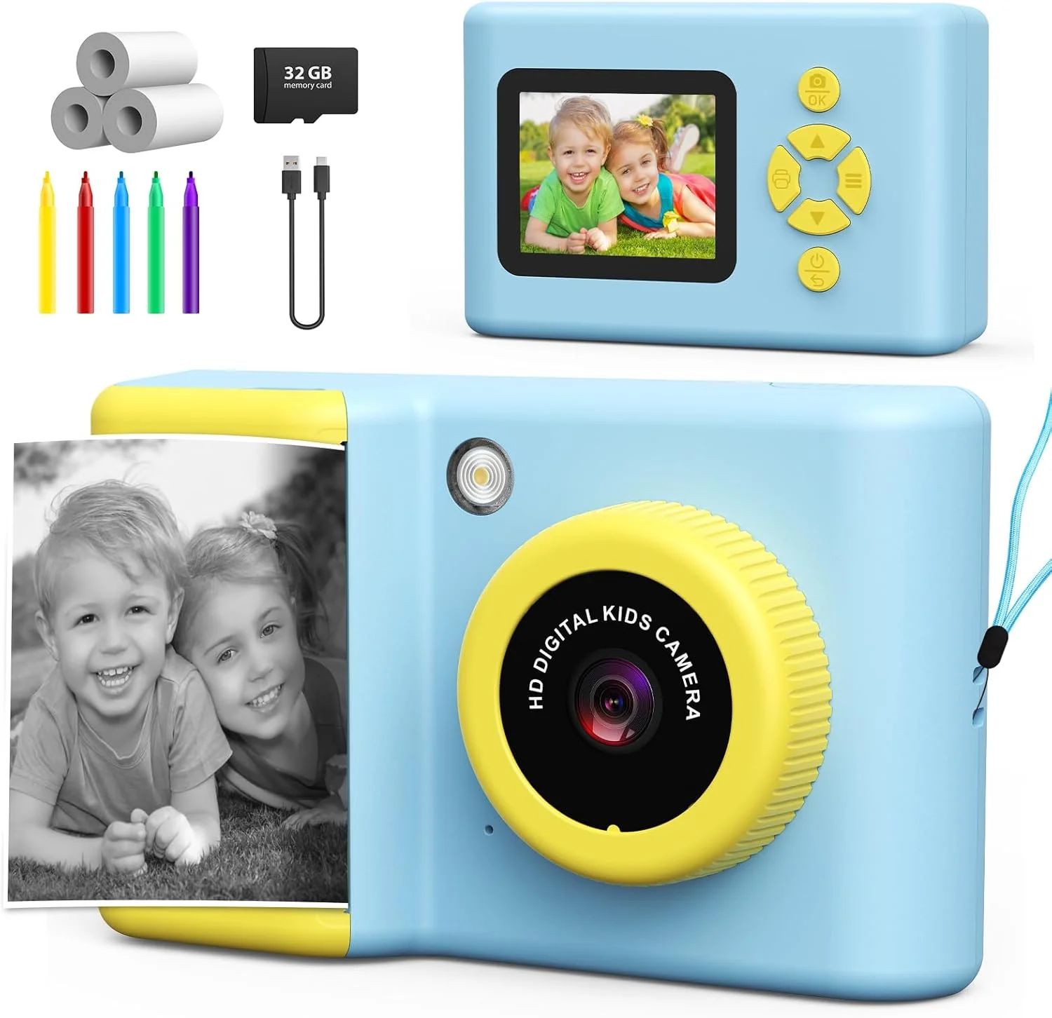 دوربین فوری چاپ کودکانه توساجو، دوربین دیجیتال کودک با کاغذ چاپ و کارت حافظه 32 گیگابایتی، دوربین فیلمبرداری با قلم های رنگی، هدیه تولد و کریسمس برای کودکان 3 تا 14 سال