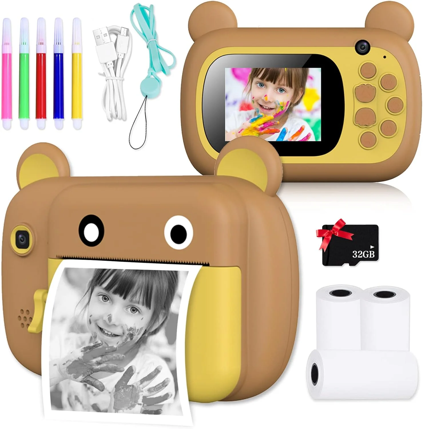 دوربین بچگانه SUPBRO با صفحه نمایش 2.4 اینچی HD و قابلیت چاپ فوری، کیفیت 1080P به همراه کارت حافظه 32 گیگابایتی، قهوه ای