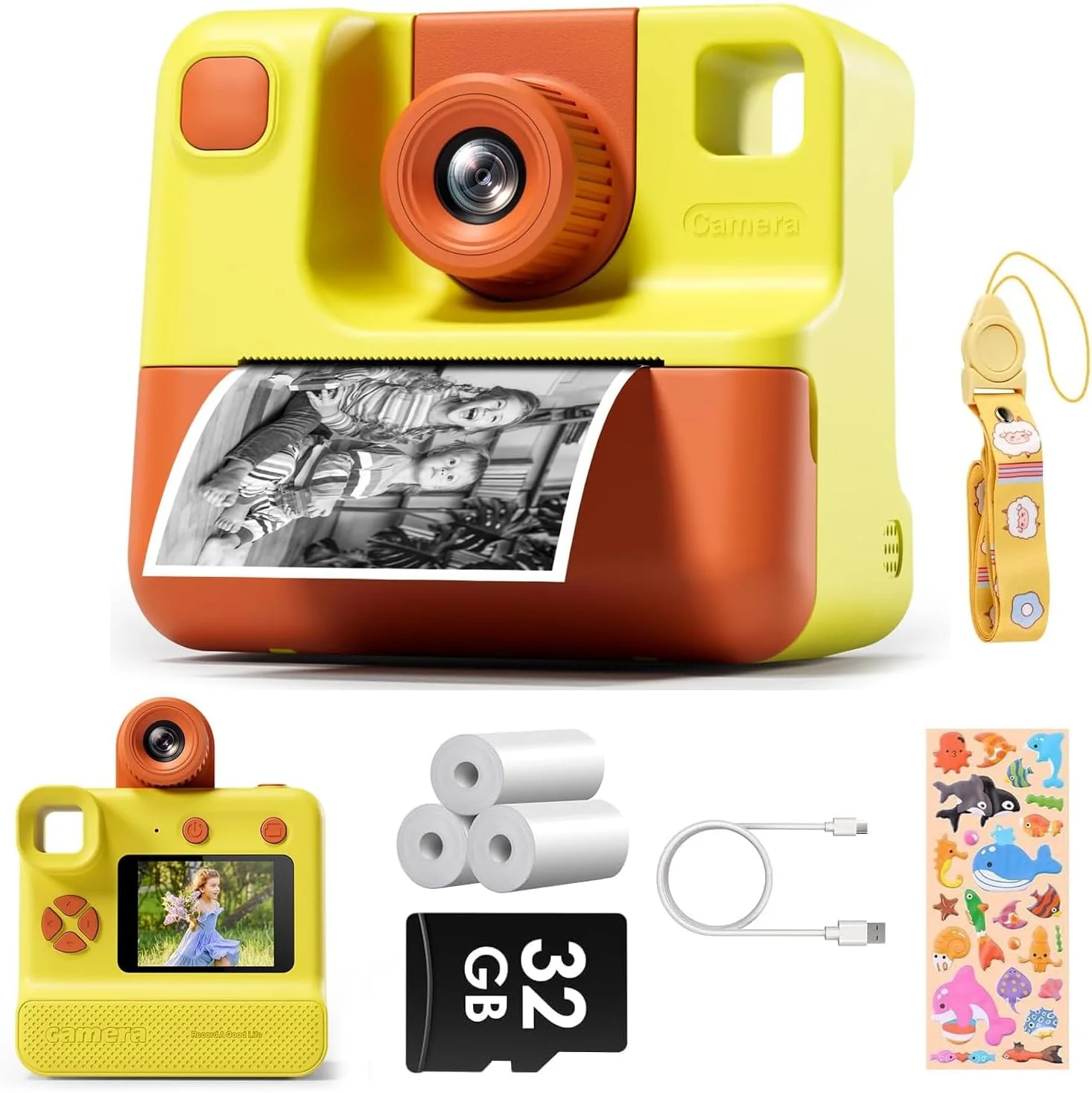 دوربین چاپ فوری کودکانه Supreouts، دوربین دیجیتال سلفی 24 مگاپیکسل و 1080P به همراه 3 رول کاغذ چاپ بدون جوهر و کارت حافظه 32 گیگابایتی، هدیه تولد کریسمس برای دختران و پسران 3 تا 12 سال (زرد)