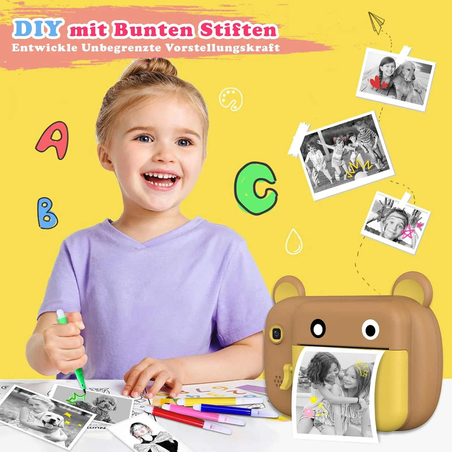 دوربین بچگانه SUPBRO با صفحه نمایش 2.4 اینچی HD و قابلیت چاپ فوری، کیفیت 1080P به همراه کارت حافظه 32 گیگابایتی، قهوه ای