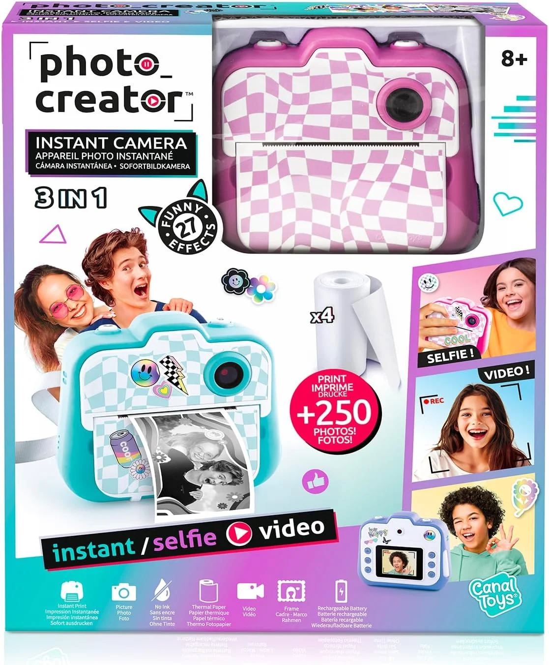 اسباب بازی های C - سازنده عکس - دوربین فوری - صورتی - با صفحه نمایش رنگی، رول های کاغذ، برچسب ها، قلم های نمدی و بند مچی - CLK 055