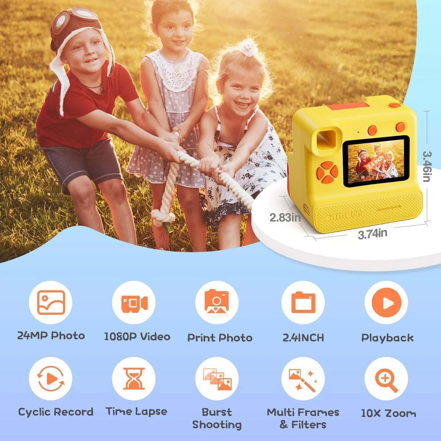 دوربین چاپ فوری کودکانه Supreouts، دوربین دیجیتال سلفی 24 مگاپیکسل و 1080P به همراه 3 رول کاغذ چاپ بدون جوهر و کارت حافظه 32 گیگابایتی، هدیه تولد کریسمس برای دختران و پسران 3 تا 12 سال (زرد)