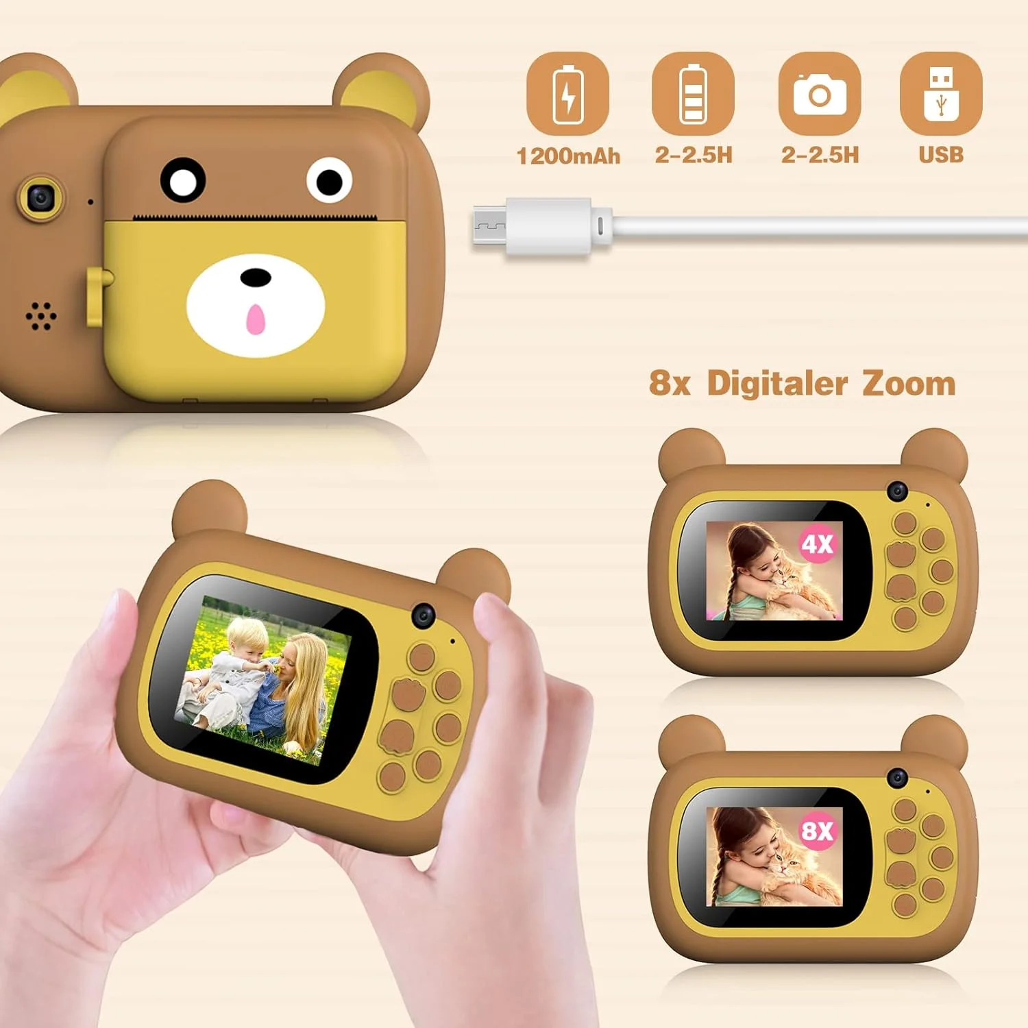 دوربین بچگانه SUPBRO با صفحه نمایش 2.4 اینچی HD و قابلیت چاپ فوری، کیفیت 1080P به همراه کارت حافظه 32 گیگابایتی، قهوه ای