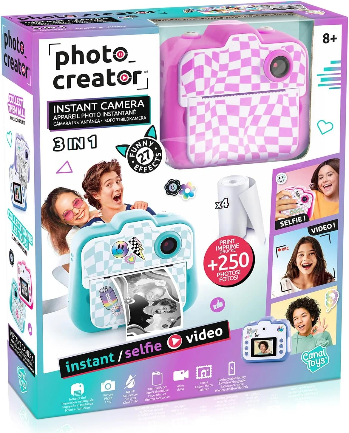 اسباب بازی های C - سازنده عکس - دوربین فوری - صورتی - با صفحه نمایش رنگی، رول های کاغذ، برچسب ها، قلم های نمدی و بند مچی - CLK 055