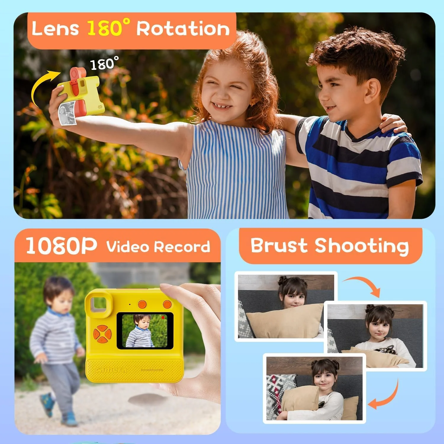 دوربین چاپ فوری کودکانه Supreouts، دوربین دیجیتال سلفی 24 مگاپیکسل و 1080P به همراه 3 رول کاغذ چاپ بدون جوهر و کارت حافظه 32 گیگابایتی، هدیه تولد کریسمس برای دختران و پسران 3 تا 12 سال (زرد)