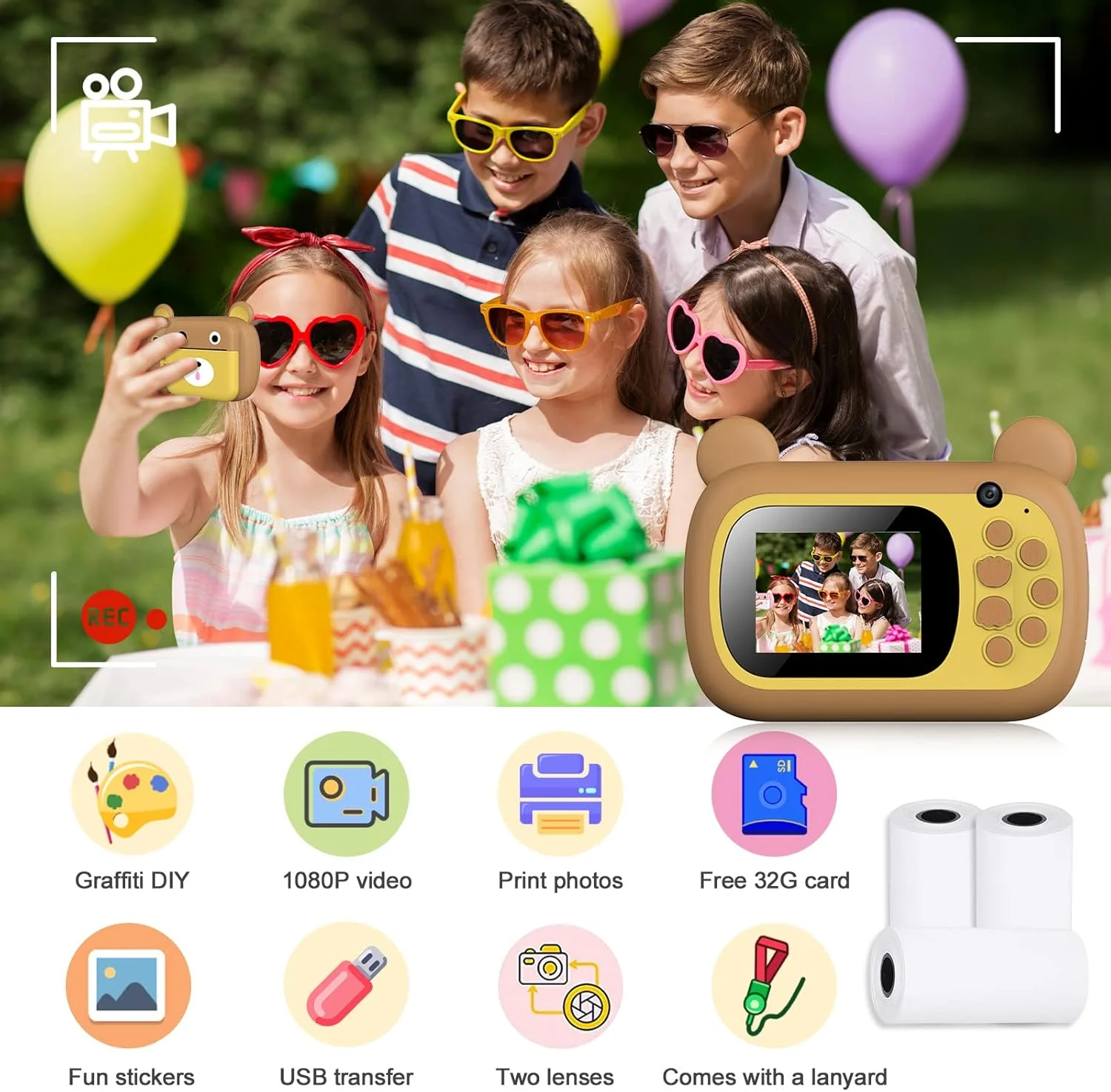 دوربین بچگانه SUPBRO با صفحه نمایش 2.4 اینچی HD و قابلیت چاپ فوری، کیفیت 1080P به همراه کارت حافظه 32 گیگابایتی، قهوه ای