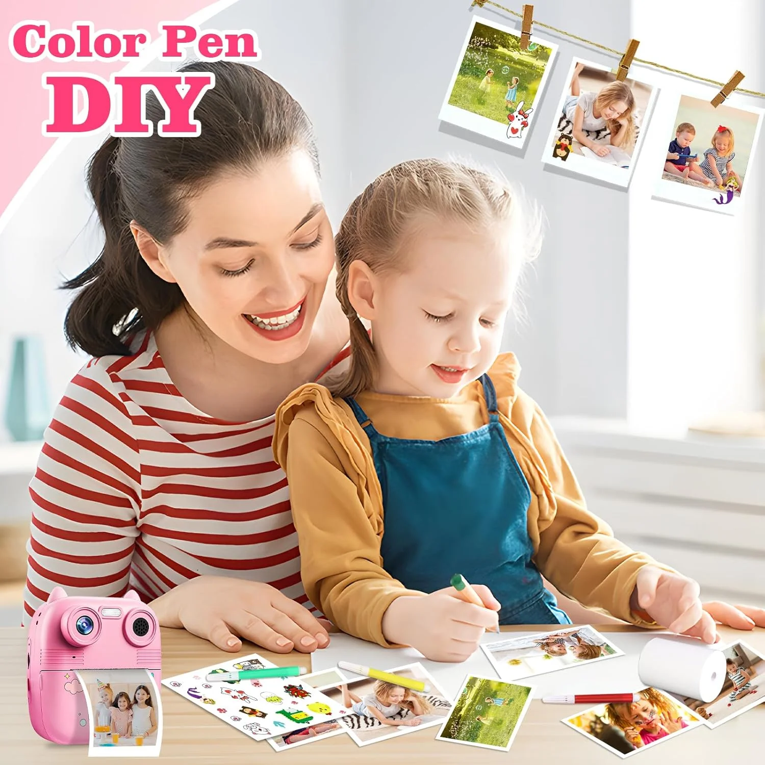 دوربین چاپ فوری کودکانه، دوربین دیجیتال HD 1080P کودکانه با کارت حافظه 32 گیگابایتی و کاغذ چاپ، اسباب بازی دوربین چاپ فوری کودکانه برای دختران 3 4 5 6 7 8 9 ساله