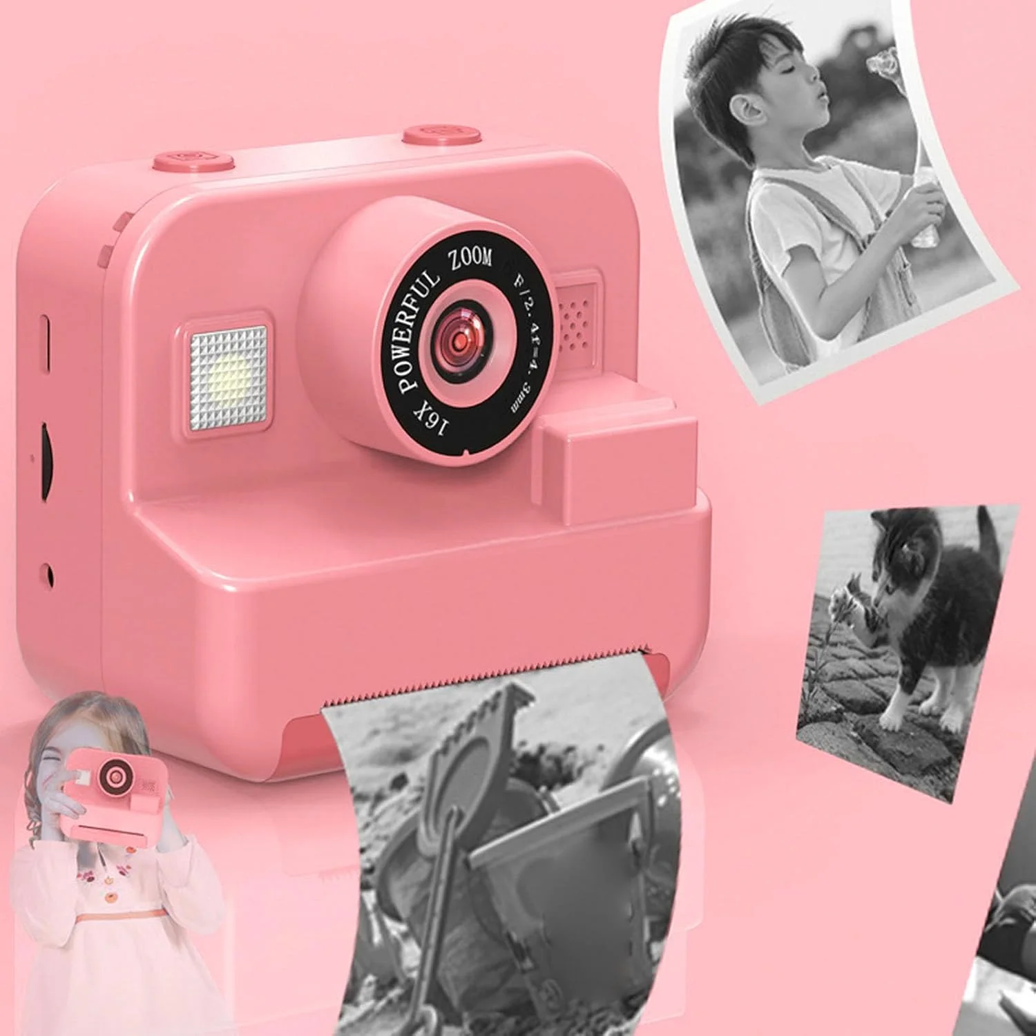 دوربین دیجیتال کودکانه، دوربین فوری کودکانه با 2 رول کاغذ چاپ، دوربین فیلمبرداری کودکانه با قاب عکس های سرگرم کننده مختلف، دوربین فوری 12 مگاپیکسلی قابل شارژ با بند برای کودکان (صورتی)
