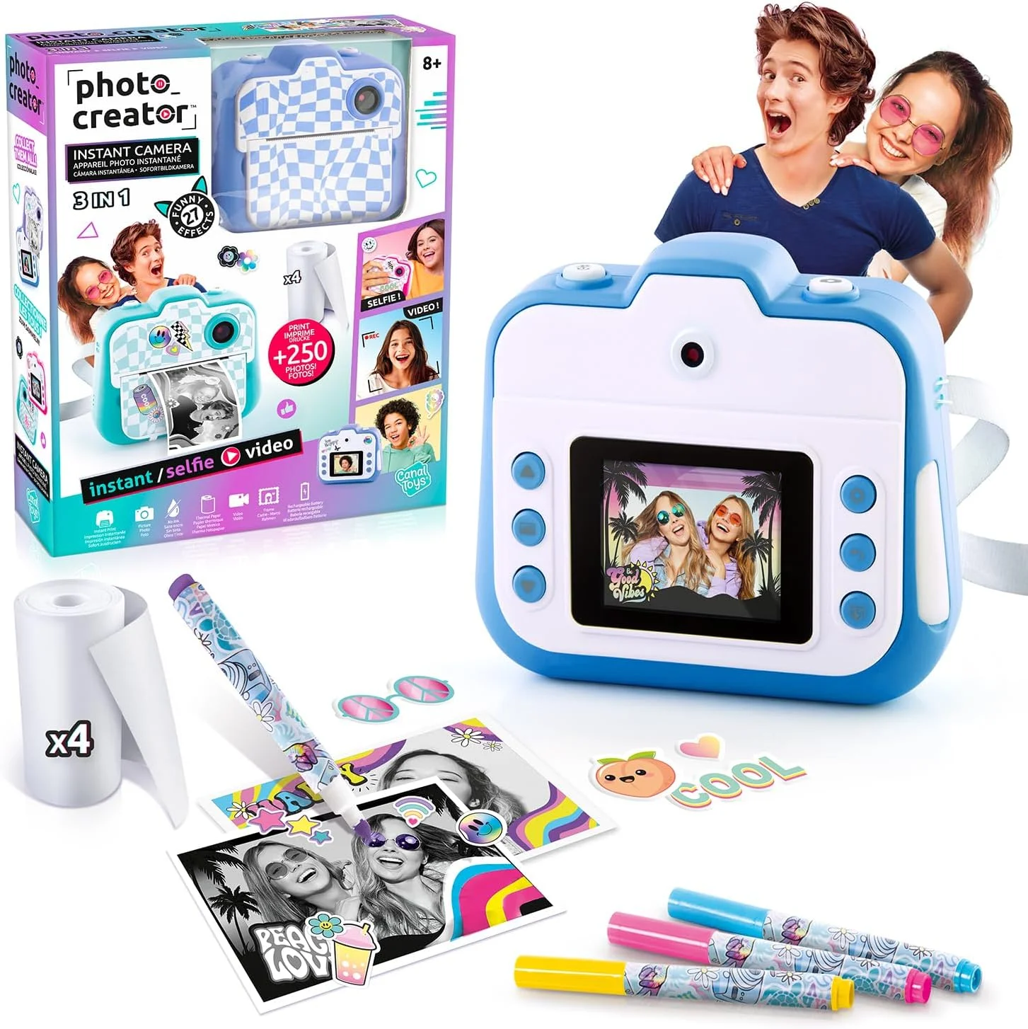 اسباب بازی های C - سازنده عکس - دوربین فوری - آبی - با صفحه نمایش رنگی، رول های کاغذ، برچسب ها، قلم های نمدی و بند مچی - CLK 057