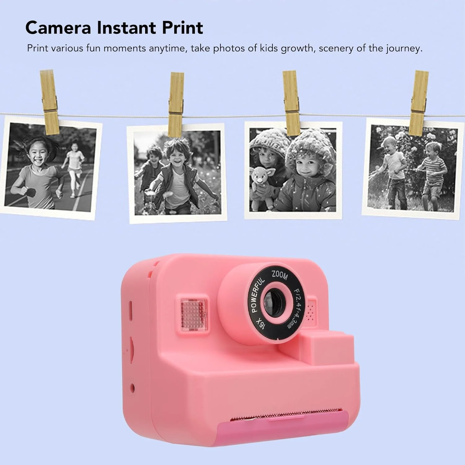 دوربین دیجیتال کودکانه، دوربین فوری کودکانه با 2 رول کاغذ چاپ، دوربین فیلمبرداری کودکانه با قاب عکس های سرگرم کننده مختلف، دوربین فوری 12 مگاپیکسلی قابل شارژ با بند برای کودکان (صورتی)