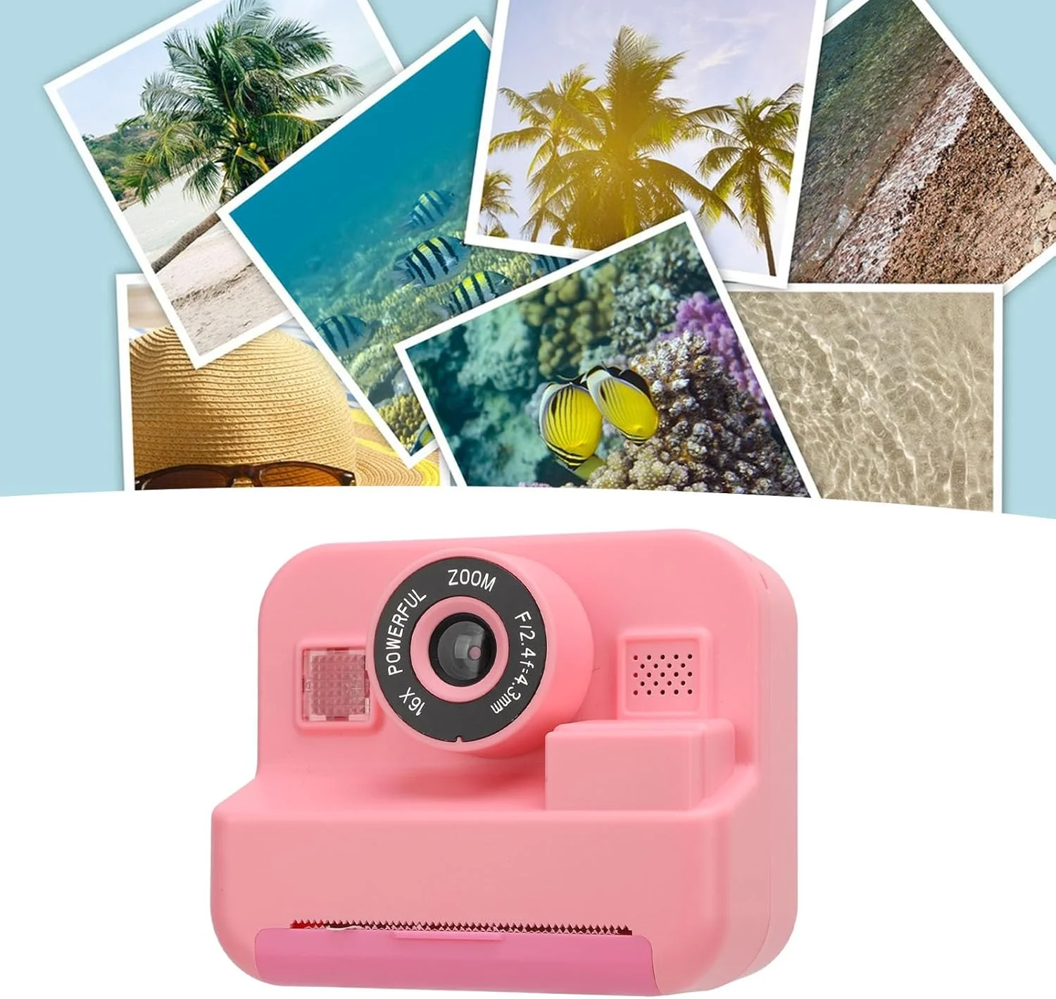 دوربین دیجیتال کودکانه، دوربین فوری کودکانه با 2 رول کاغذ چاپ، دوربین فیلمبرداری کودکانه با قاب عکس های سرگرم کننده مختلف، دوربین فوری 12 مگاپیکسلی قابل شارژ با بند برای کودکان (صورتی)