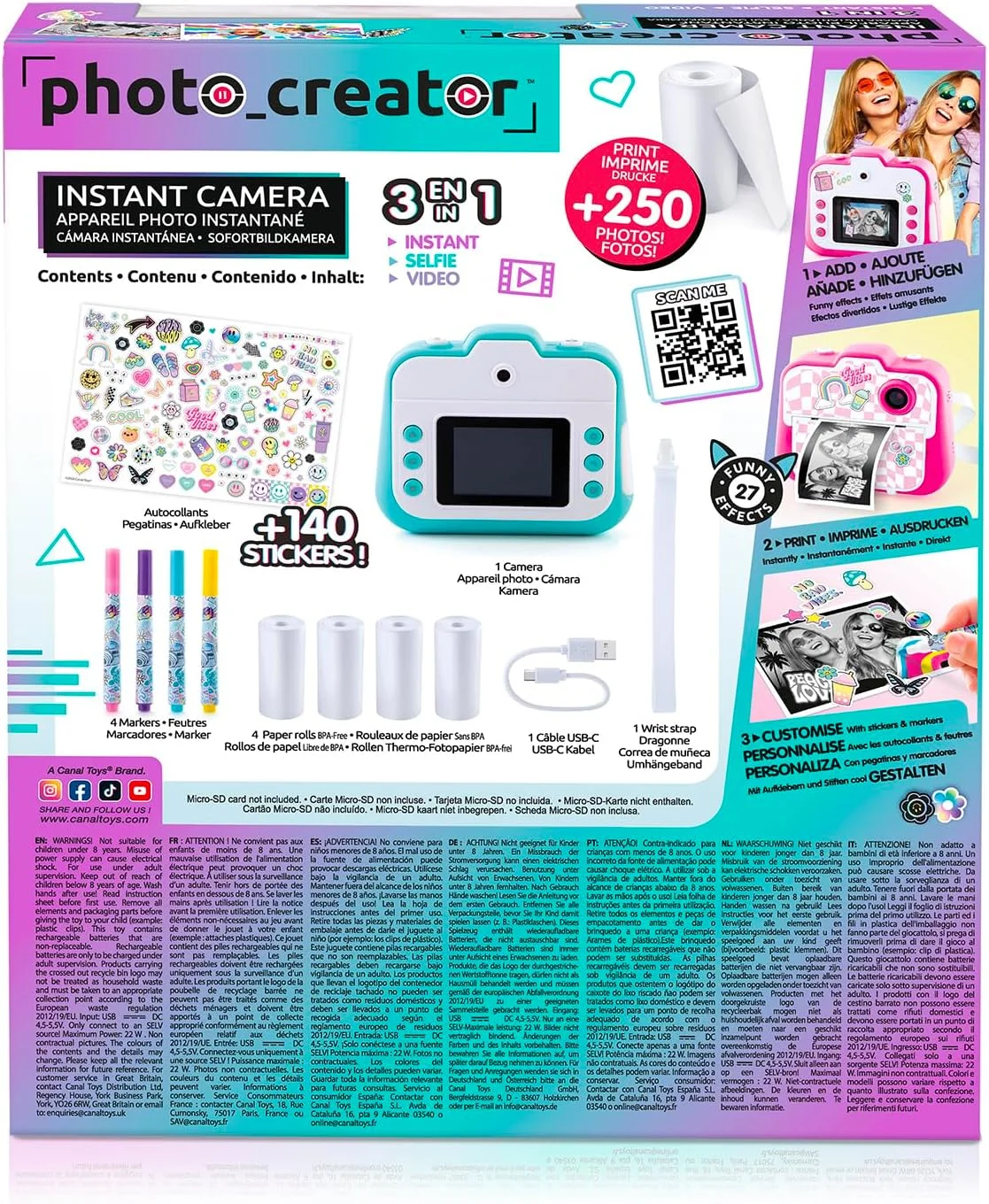 اسباب بازی های C - سازنده عکس - دوربین فوری - آبی - با صفحه نمایش رنگی، رول های کاغذ، برچسب ها، قلم های نمدی و بند مچی - CLK 057