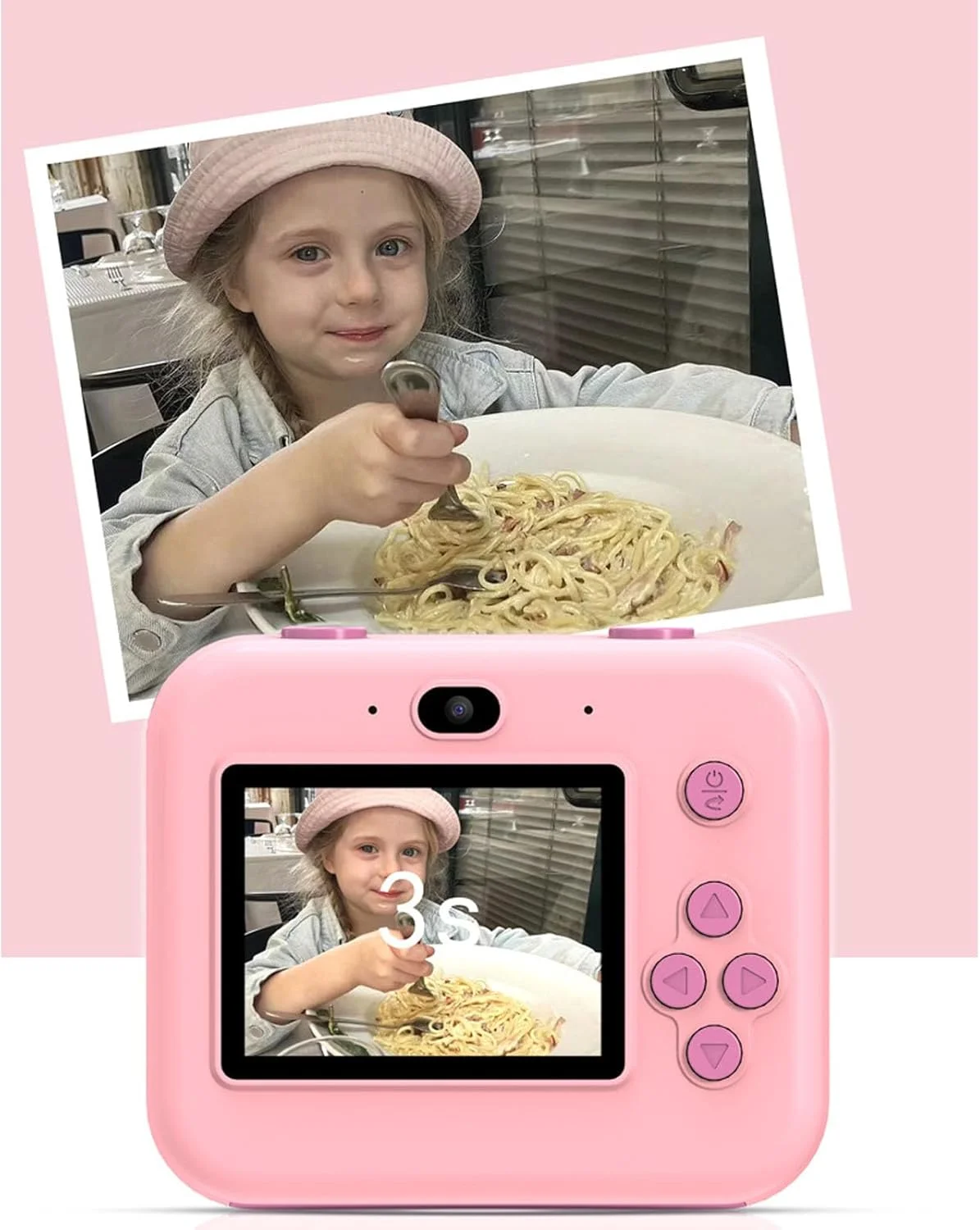 دوربین دیجیتال کودکانه، دوربین فوری کودکانه با 2 رول کاغذ چاپ، دوربین فیلمبرداری کودکانه با قاب عکس های سرگرم کننده مختلف، دوربین فوری 12 مگاپیکسلی قابل شارژ با بند برای کودکان (صورتی)