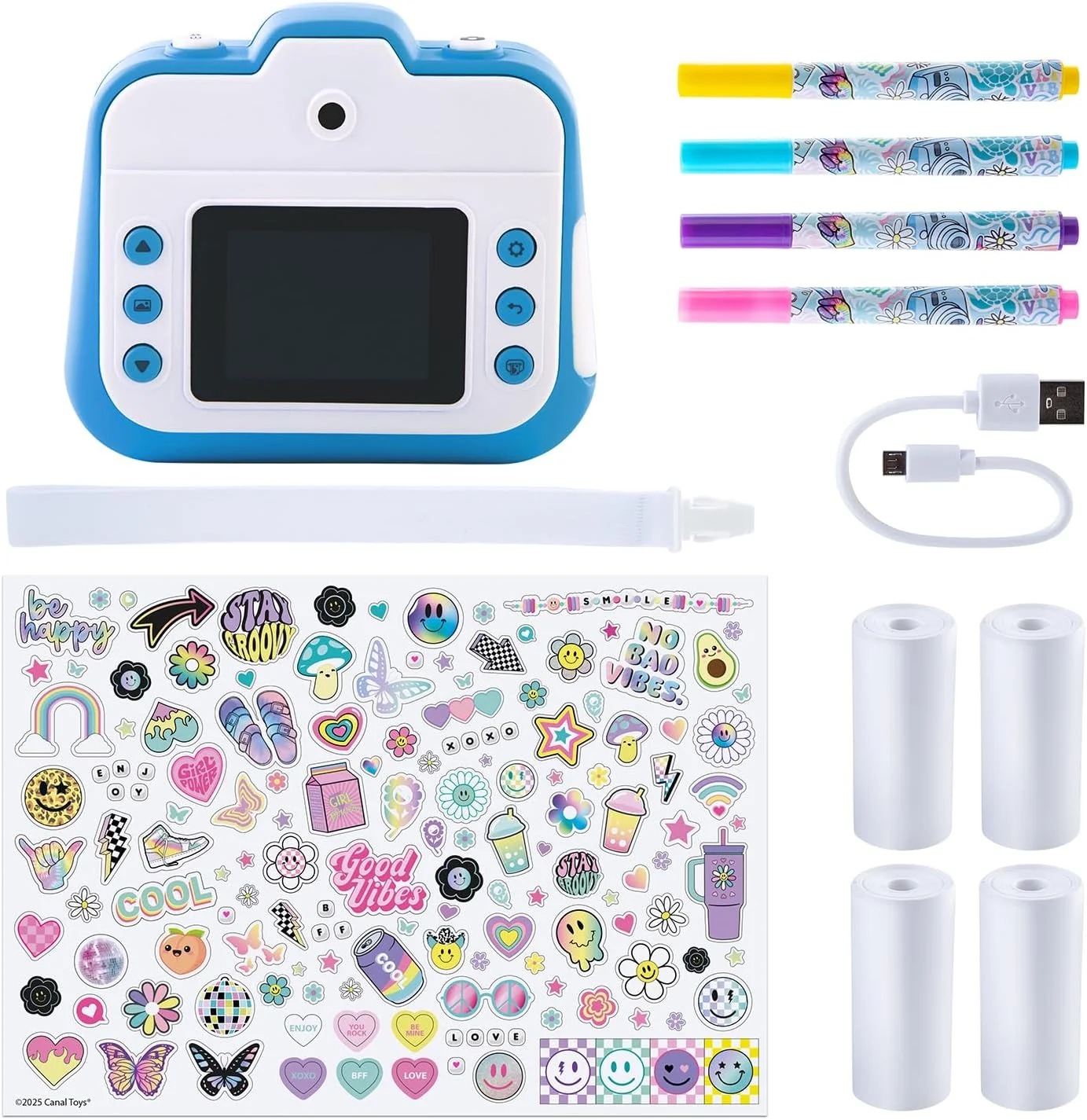 اسباب بازی های C - سازنده عکس - دوربین فوری - آبی - با صفحه نمایش رنگی، رول های کاغذ، برچسب ها، قلم های نمدی و بند مچی - CLK 057