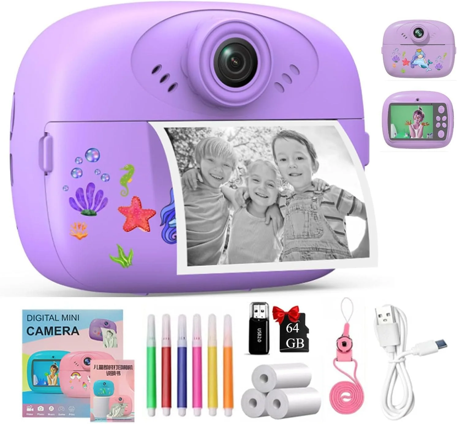 دوربین چاپ فوری برای کودکان، عکس چاپ فوری 1080P HD با 3 رول کاغذ عکس، کارت 64 گیگابایتی، 5 قلم رنگی و گرافیتی DIY، هدیه تولد برای دختران و پسران (بنفش (پری دریایی)) دوربین چاپ فوری برای کودکان، عکس چاپ فوری 1080P HD با 3 رول کاغذ عکس، کارت 64 گیگابایتی، 5 قلم رنگی و گرافیتی DIY، هدیه تولد برای دختران و پسران (بنفش (پری دریایی))